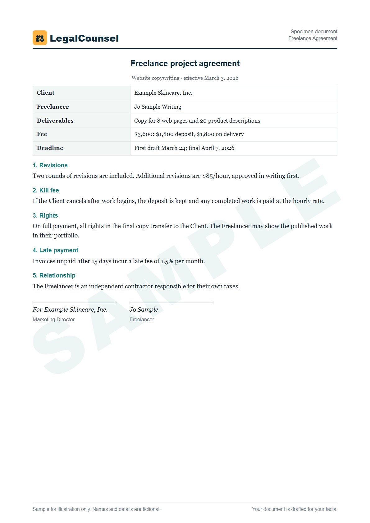Sample Freelance Agreement prepared by our lawyers, with fictional names