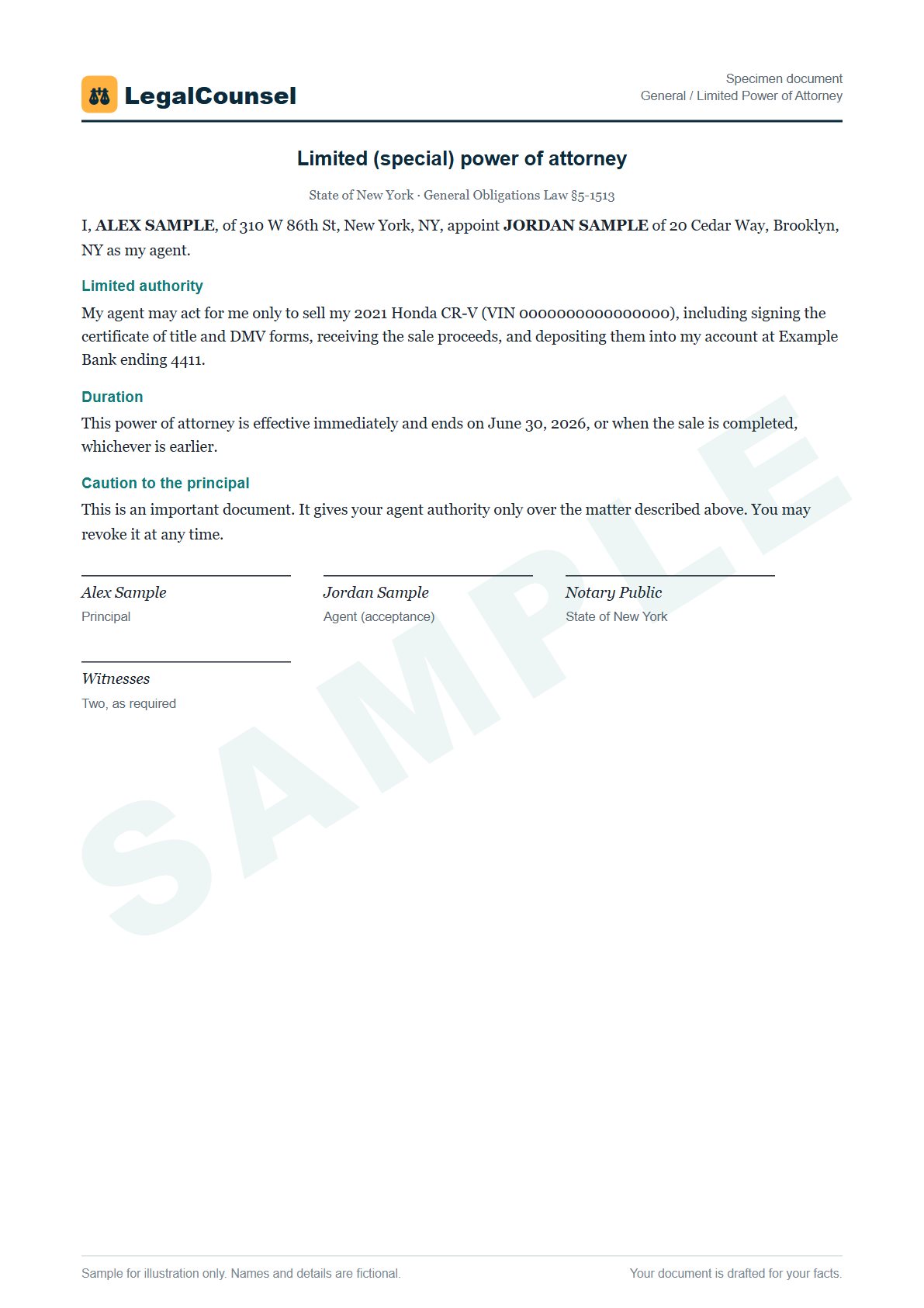 Sample General / Limited Power of Attorney prepared by our lawyers, with fictional names
