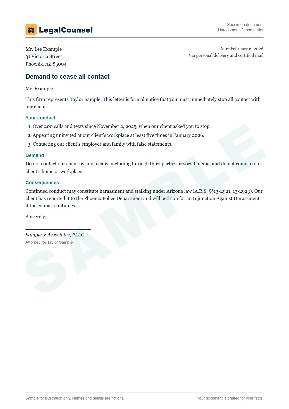 Sample Harassment Cease Letter prepared by our lawyers, with fictional names