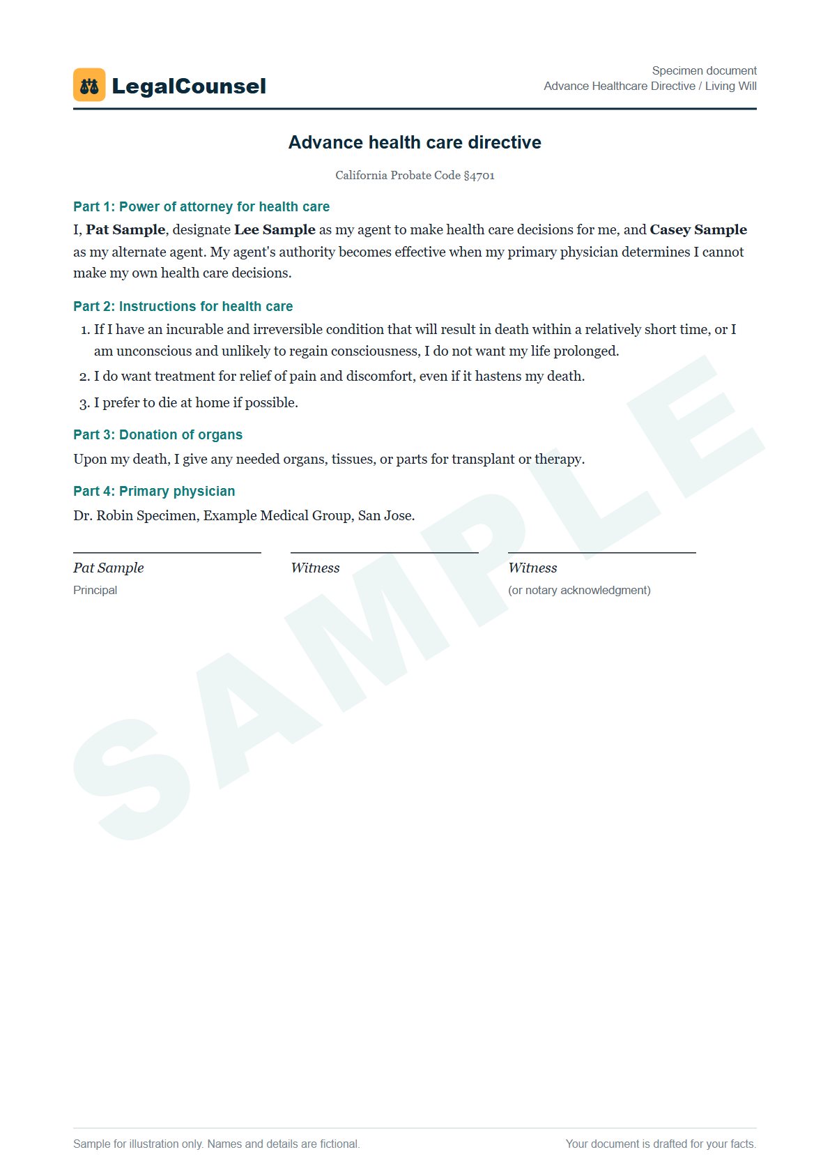 Sample Advance Healthcare Directive / Living Will prepared by our lawyers, with fictional names