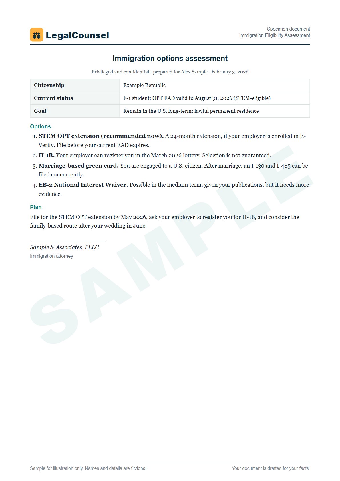 Sample Immigration Eligibility Assessment prepared by our lawyers, with fictional names