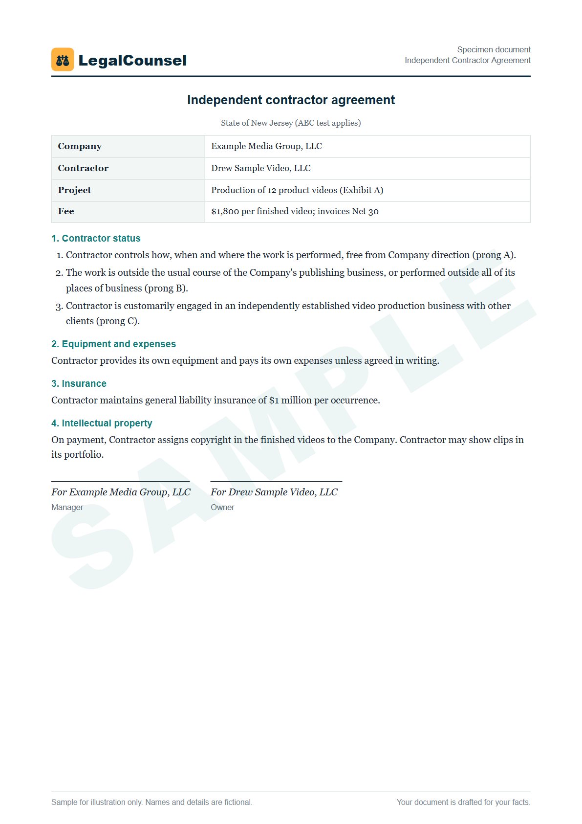 Sample Independent Contractor Agreement prepared by our lawyers, with fictional names