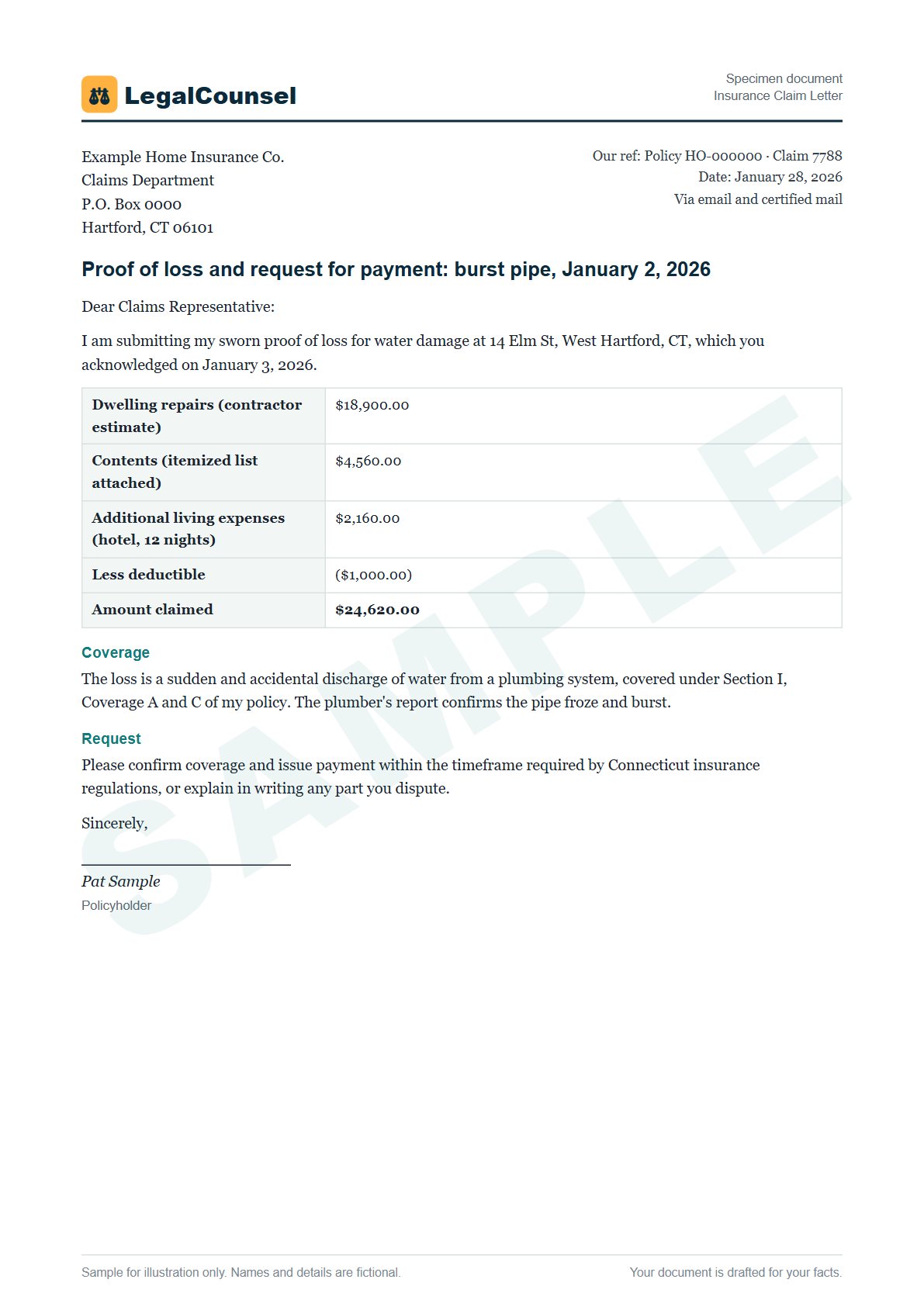 Sample Insurance Claim Letter prepared by our lawyers, with fictional names