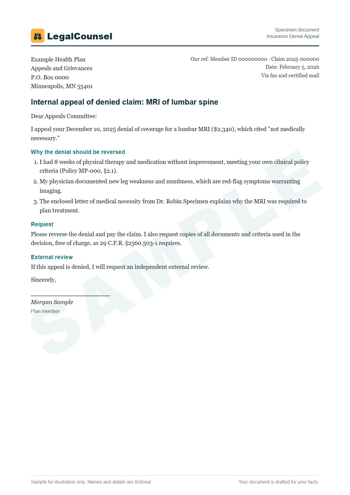 Sample Insurance Denial Appeal prepared by our lawyers, with fictional names