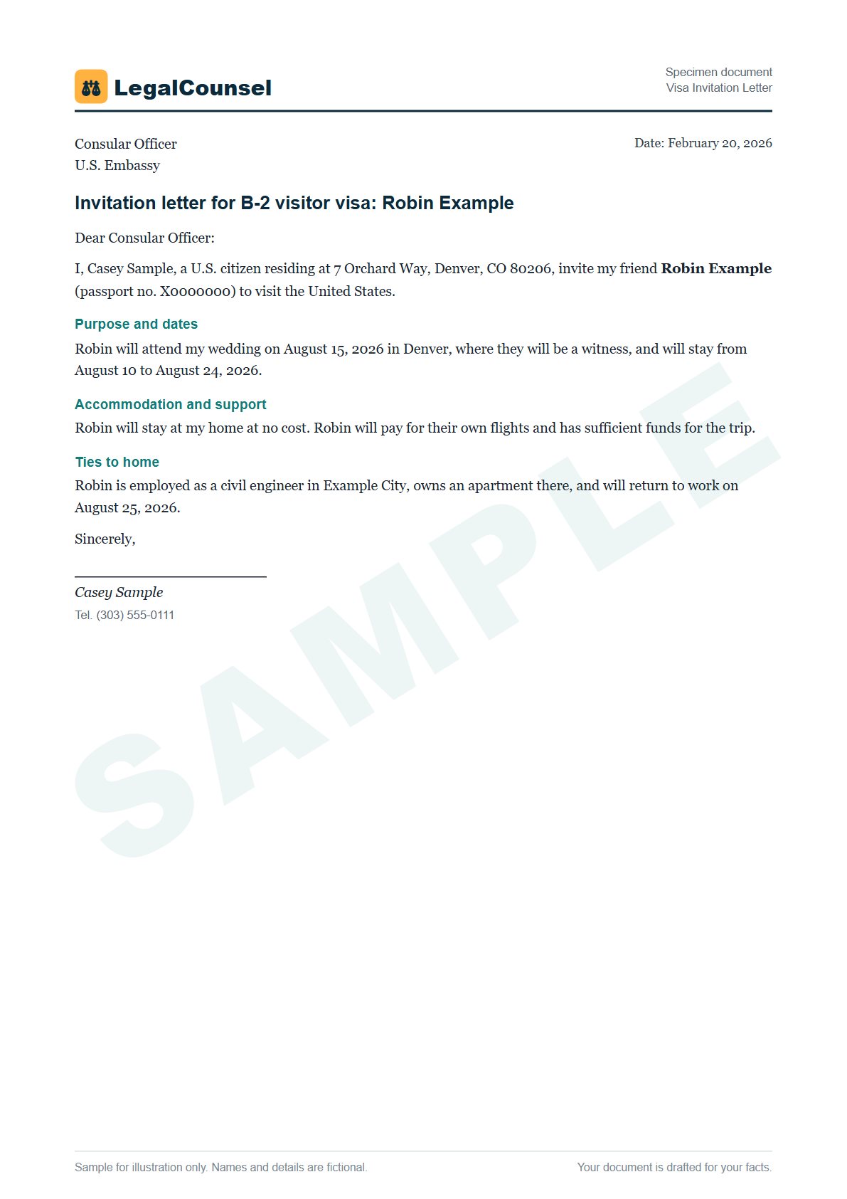 Sample Visa Invitation Letter prepared by our lawyers, with fictional names