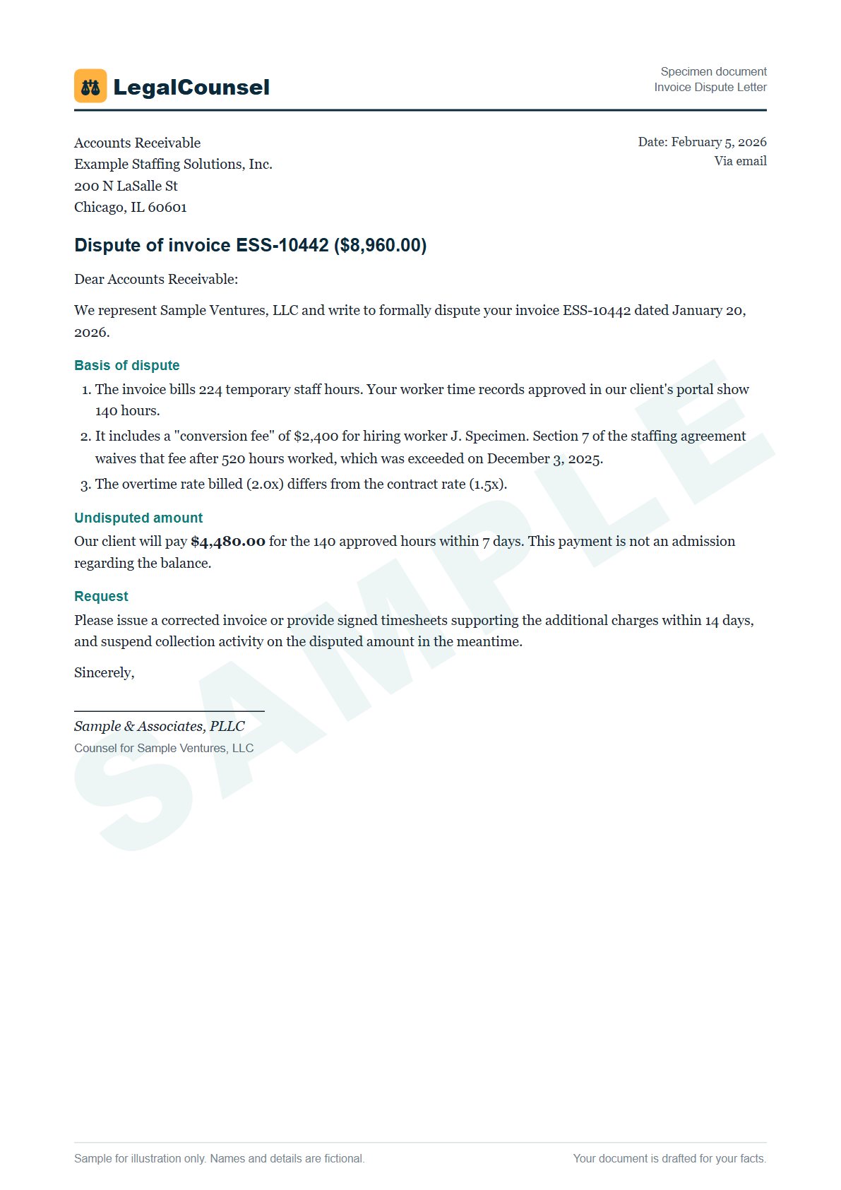 Sample Invoice Dispute Letter prepared by our lawyers, with fictional names