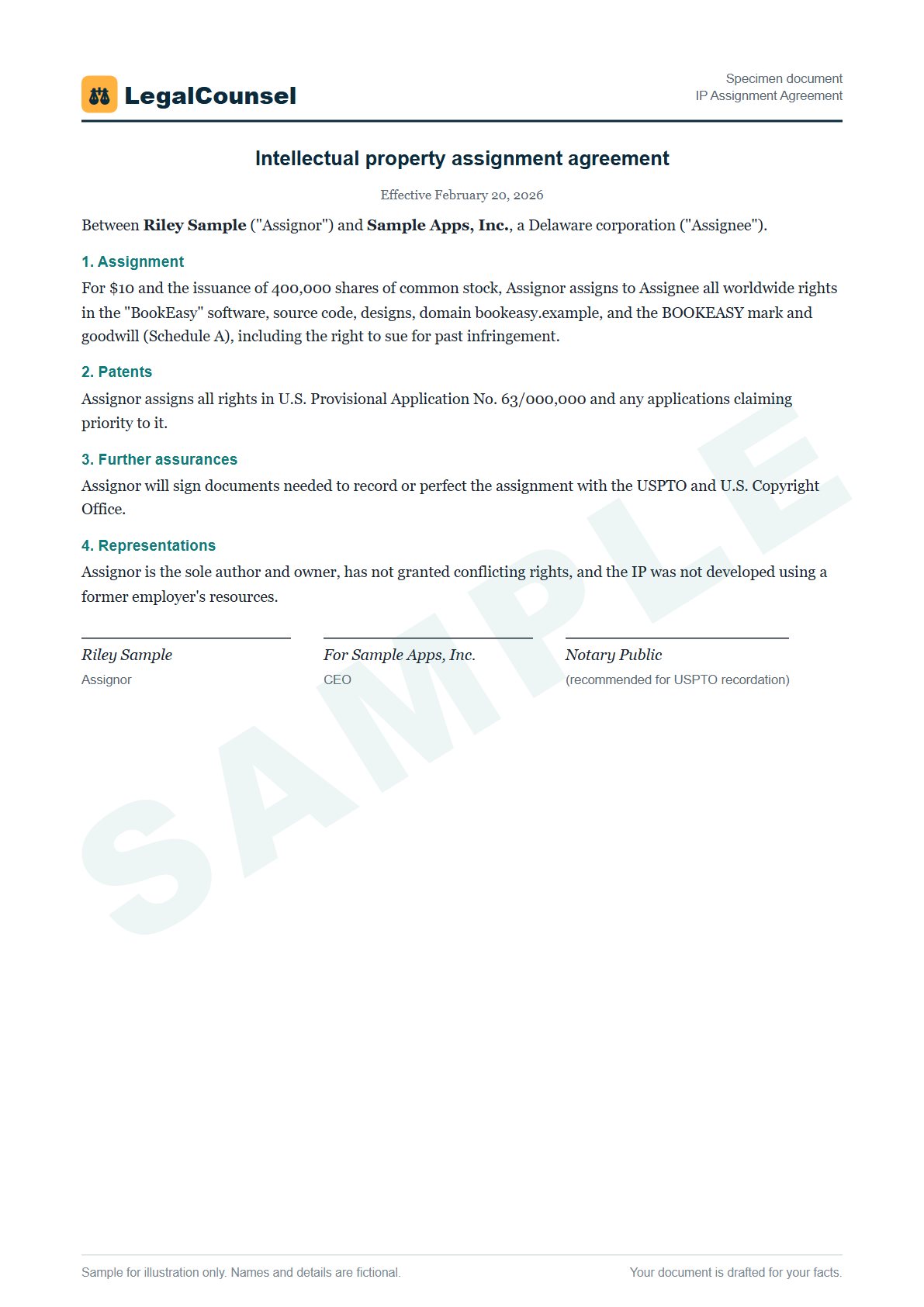 Sample IP Assignment Agreement prepared by our lawyers, with fictional names