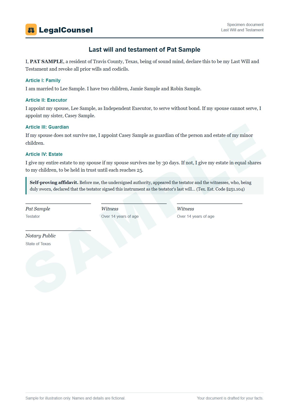 Sample Last Will and Testament prepared by our lawyers, with fictional names