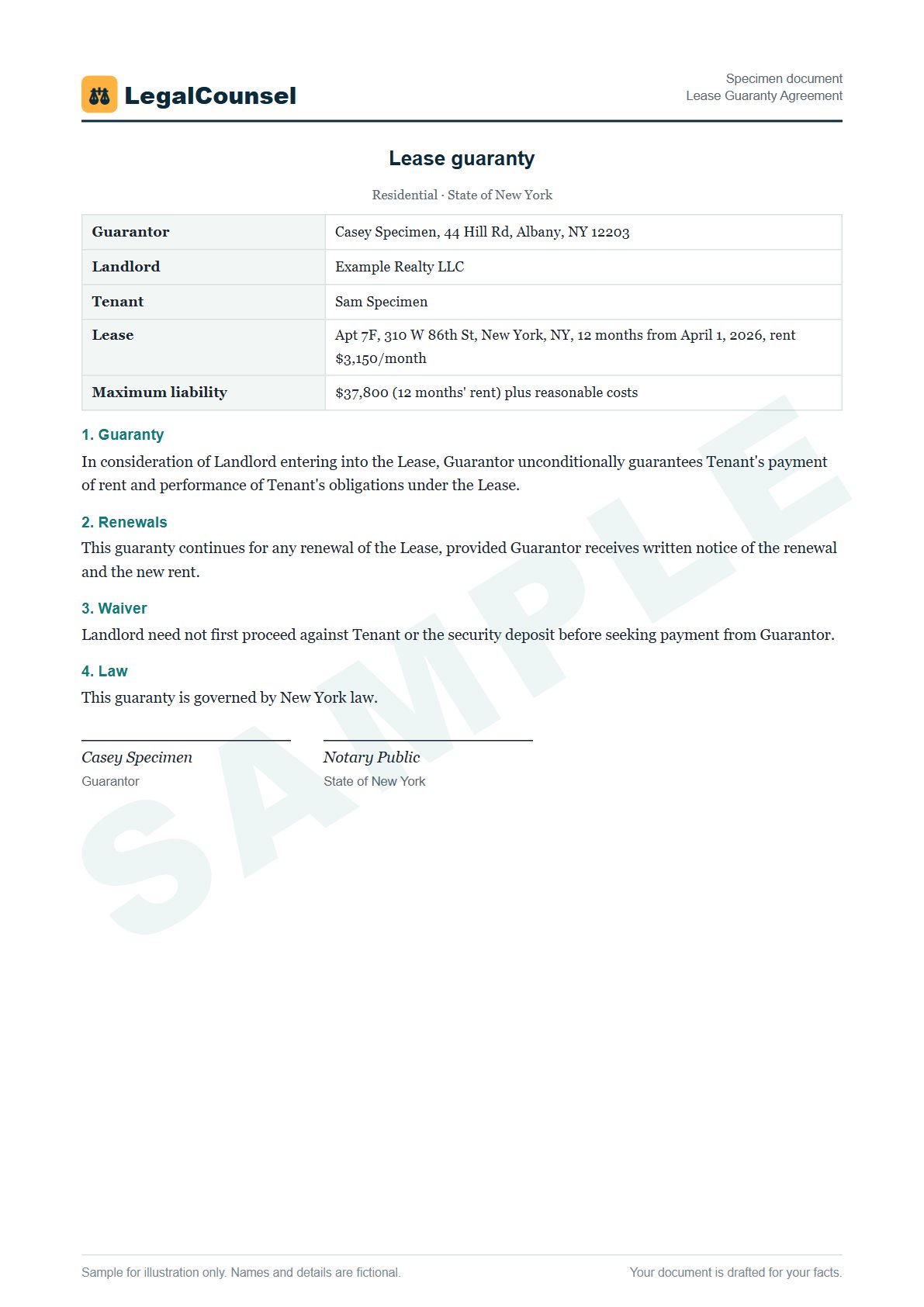 Sample Lease Guaranty Agreement prepared by our lawyers, with fictional names