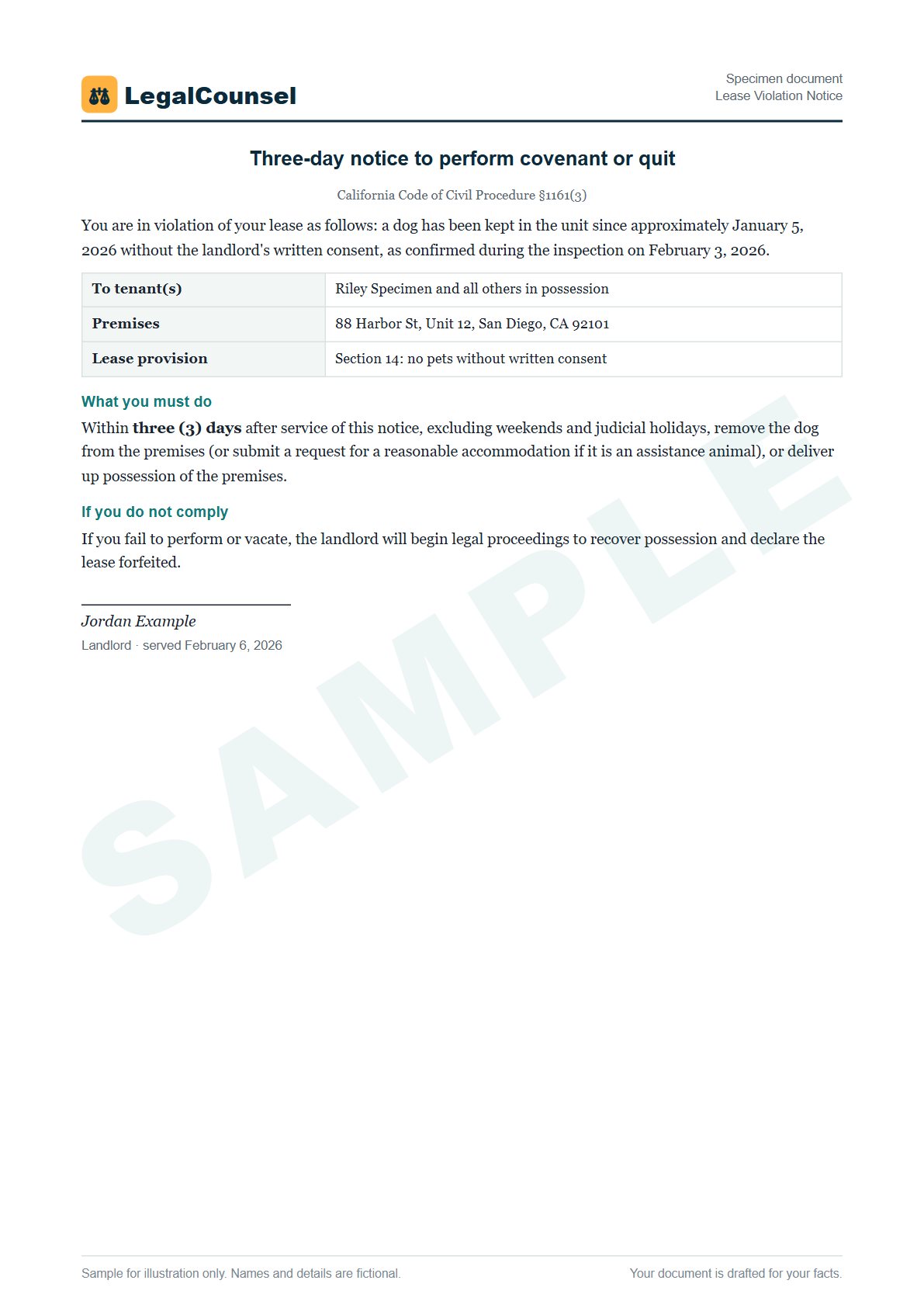 Sample Lease Violation Notice prepared by our lawyers, with fictional names