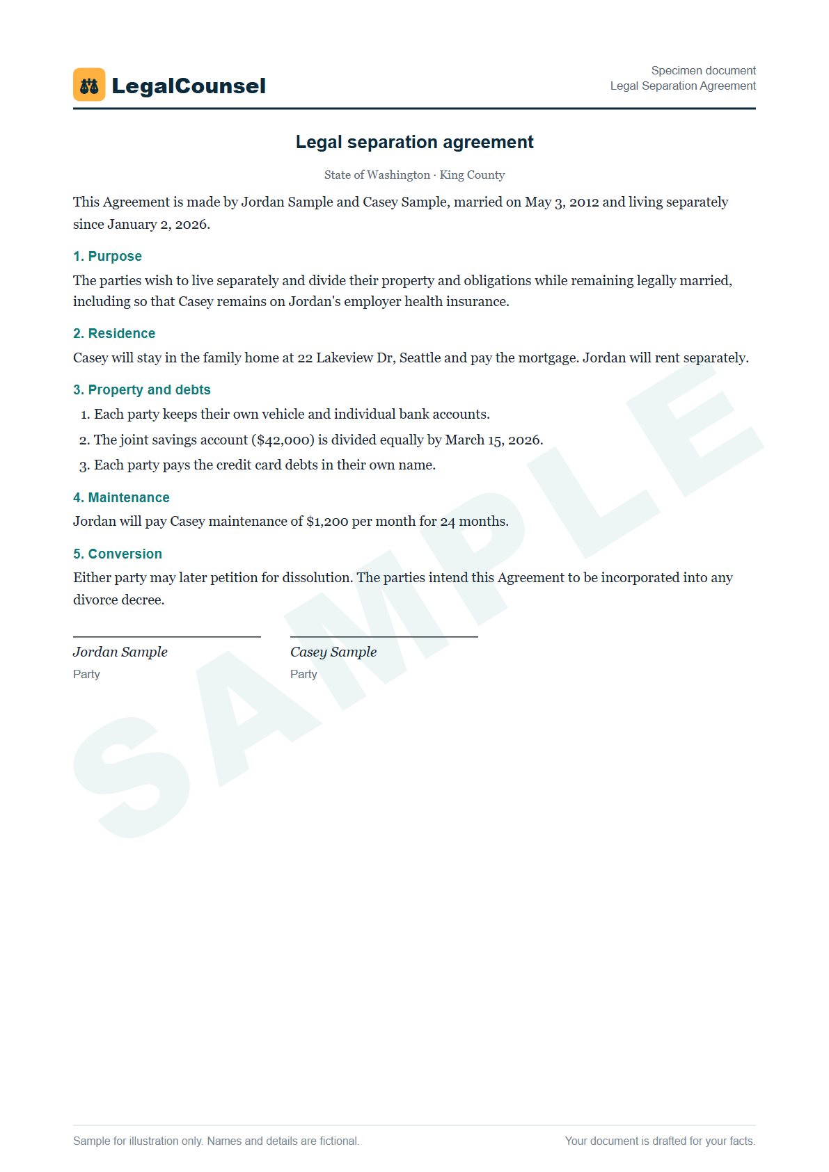 Sample Legal Separation Agreement prepared by our lawyers, with fictional names