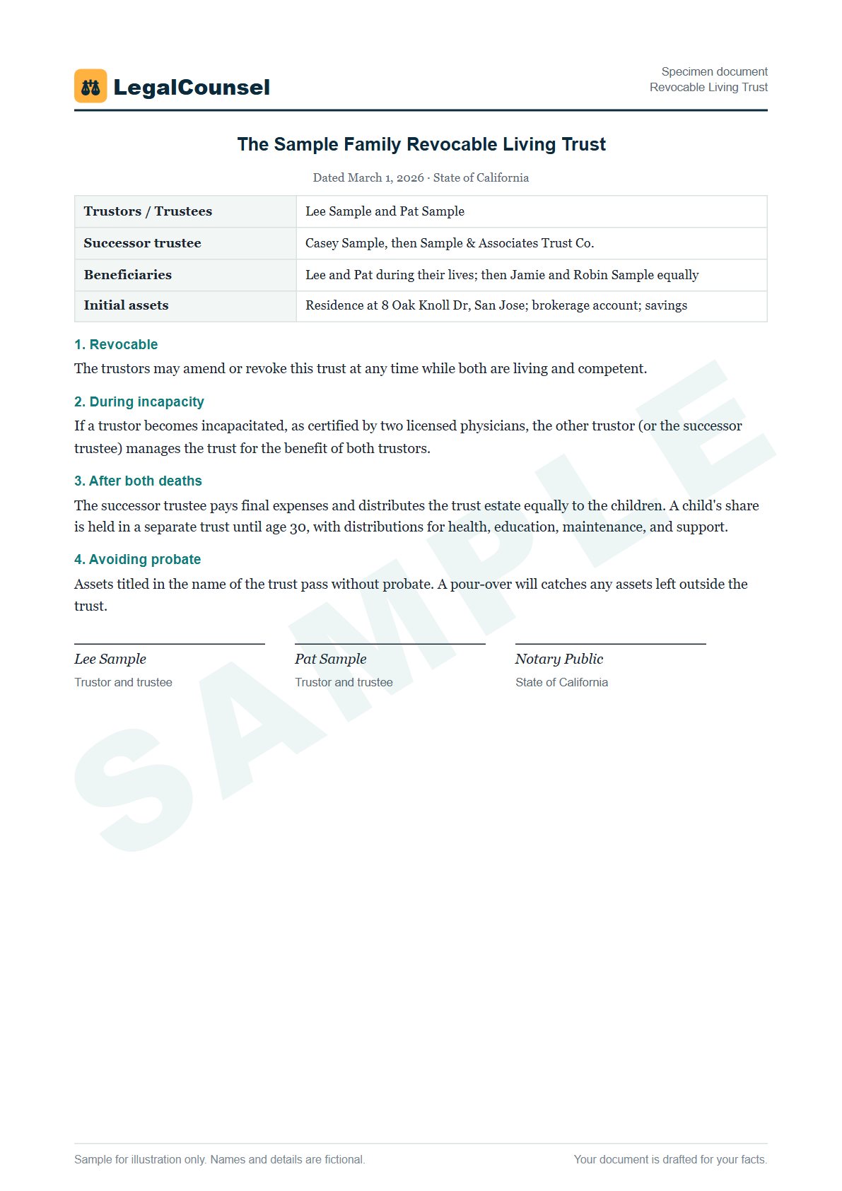 Sample Revocable Living Trust prepared by our lawyers, with fictional names