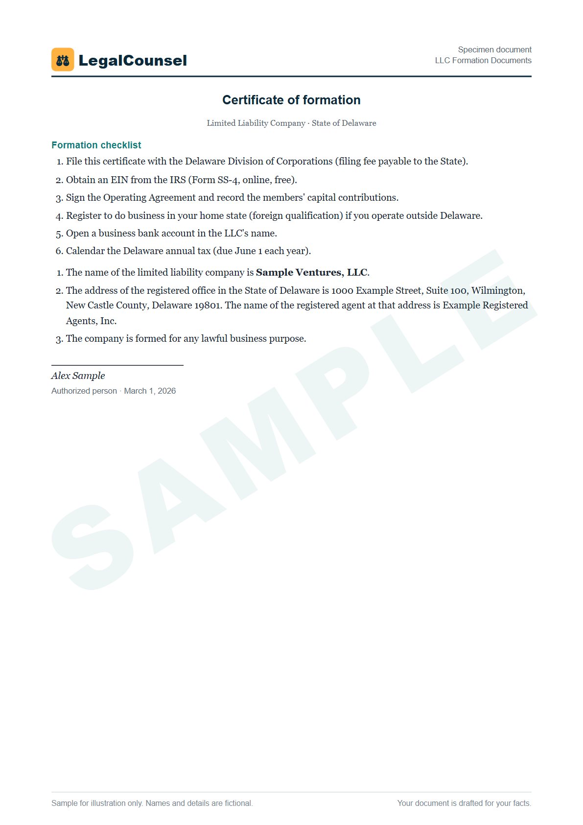 Sample LLC Formation Documents prepared by our lawyers, with fictional names