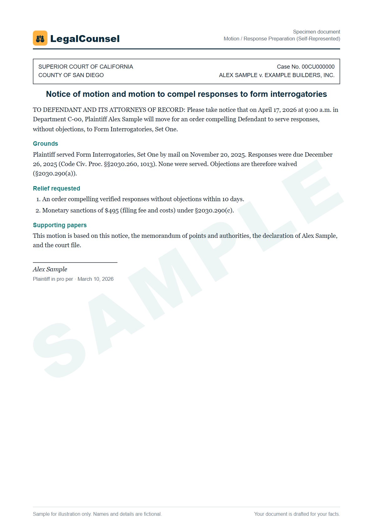 Sample Motion / Response Preparation (Self-Represented) prepared by our lawyers, with fictional names