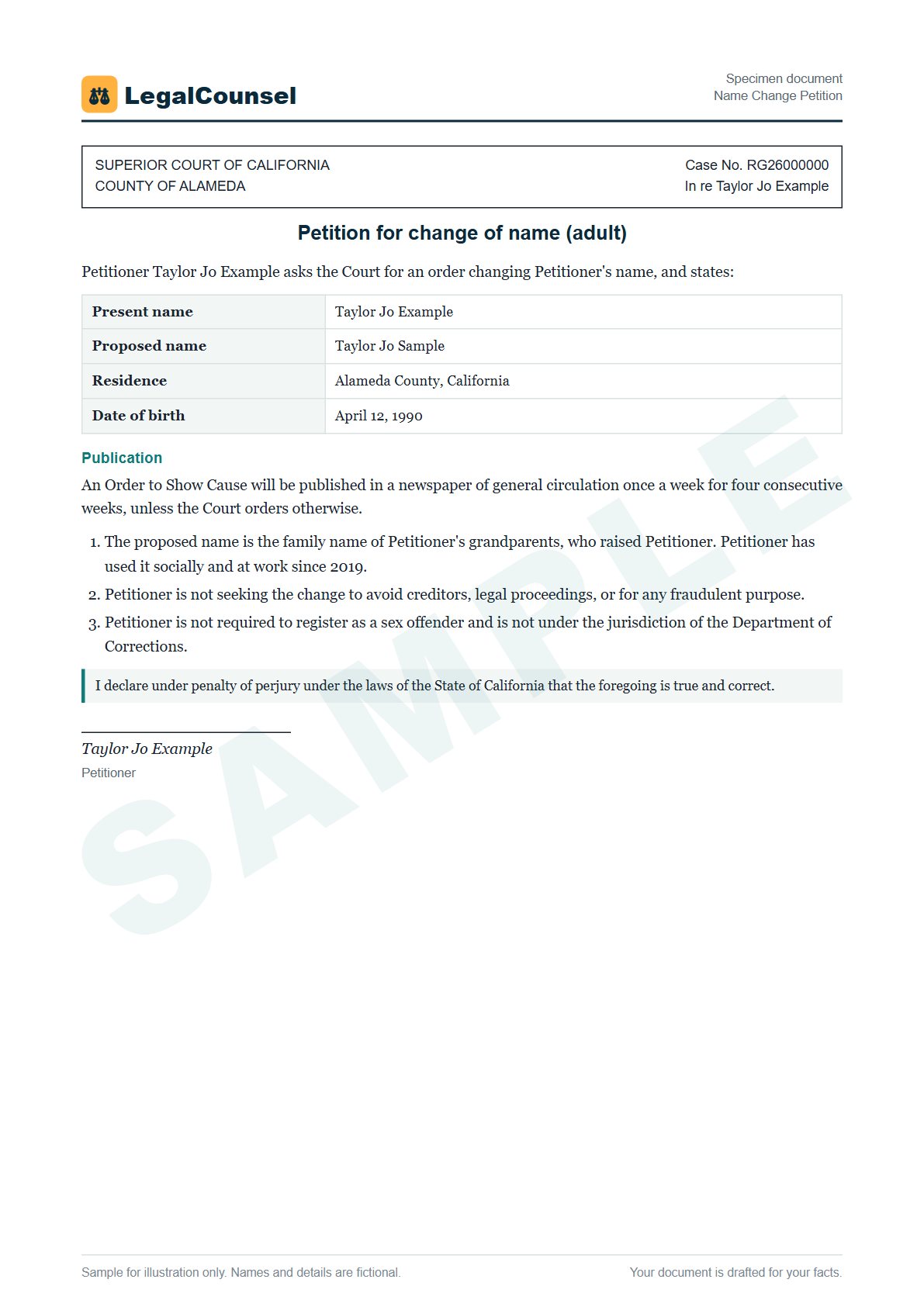 Sample Name Change Petition prepared by our lawyers, with fictional names