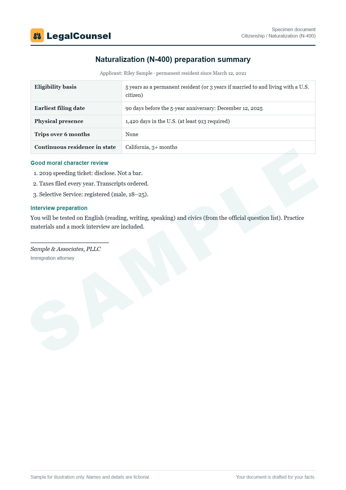 Sample Citizenship / Naturalization (N-400) prepared by our lawyers, with fictional names