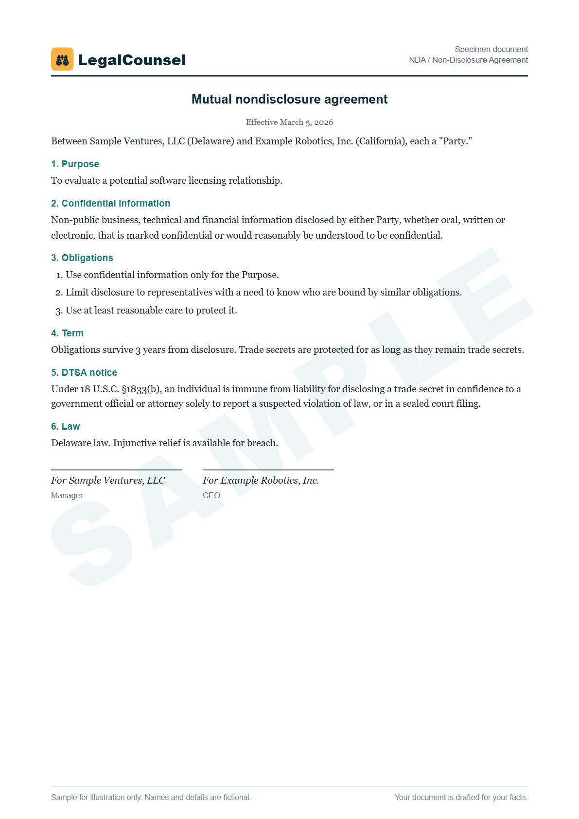 Sample NDA / Non-Disclosure Agreement prepared by our lawyers, with fictional names