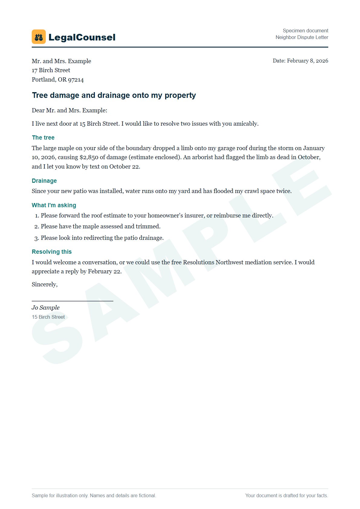 Sample Neighbor Dispute Letter prepared by our lawyers, with fictional names