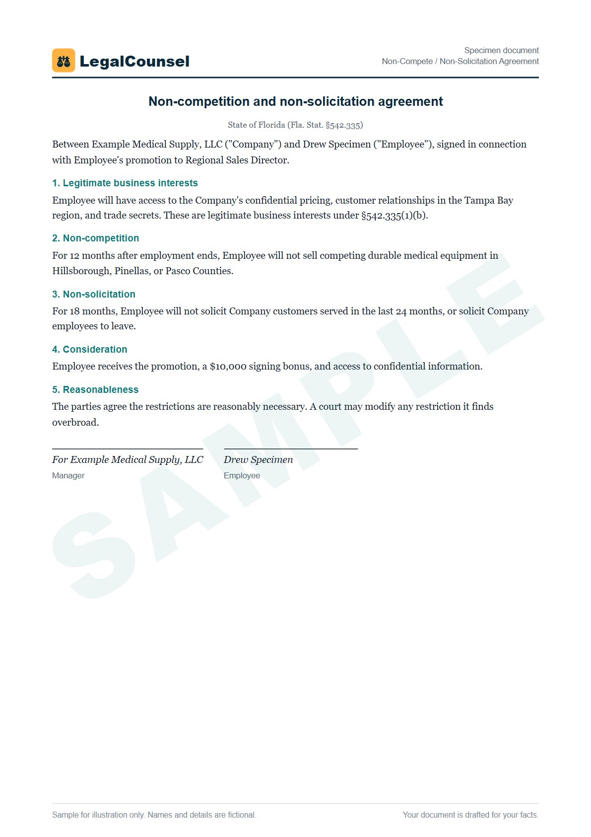 Sample Non-Compete / Non-Solicitation Agreement prepared by our lawyers, with fictional names