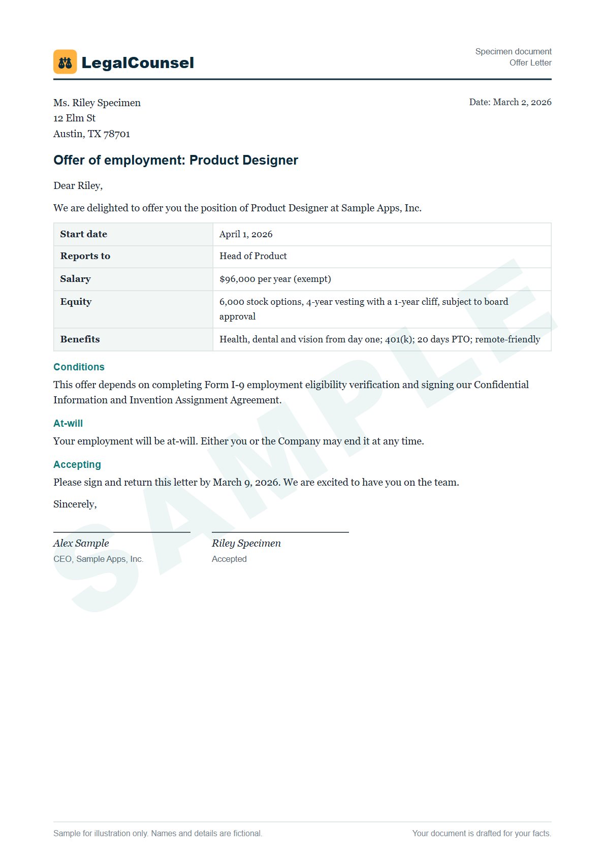 Sample Offer Letter prepared by our lawyers, with fictional names