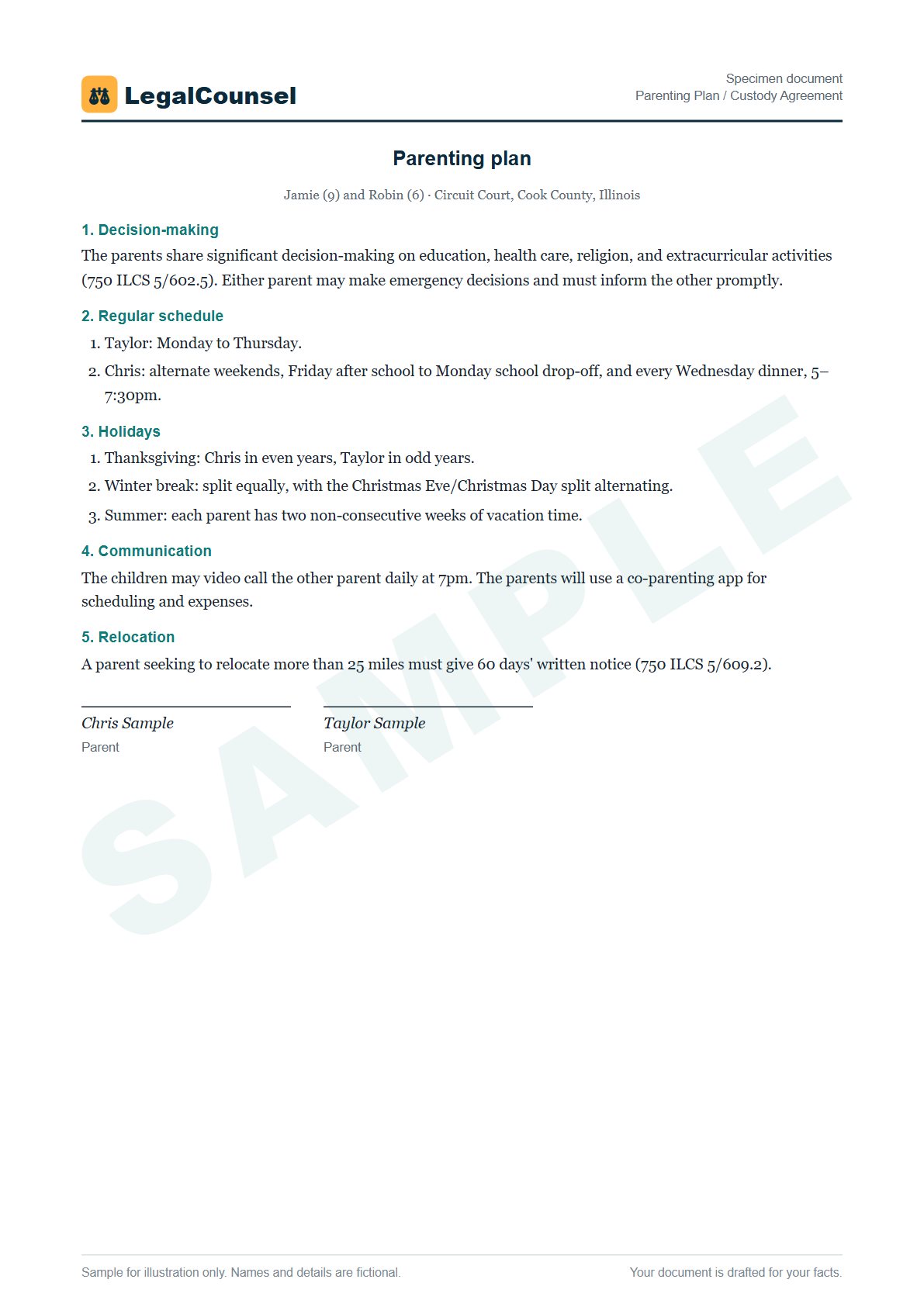 Sample Parenting Plan / Custody Agreement prepared by our lawyers, with fictional names