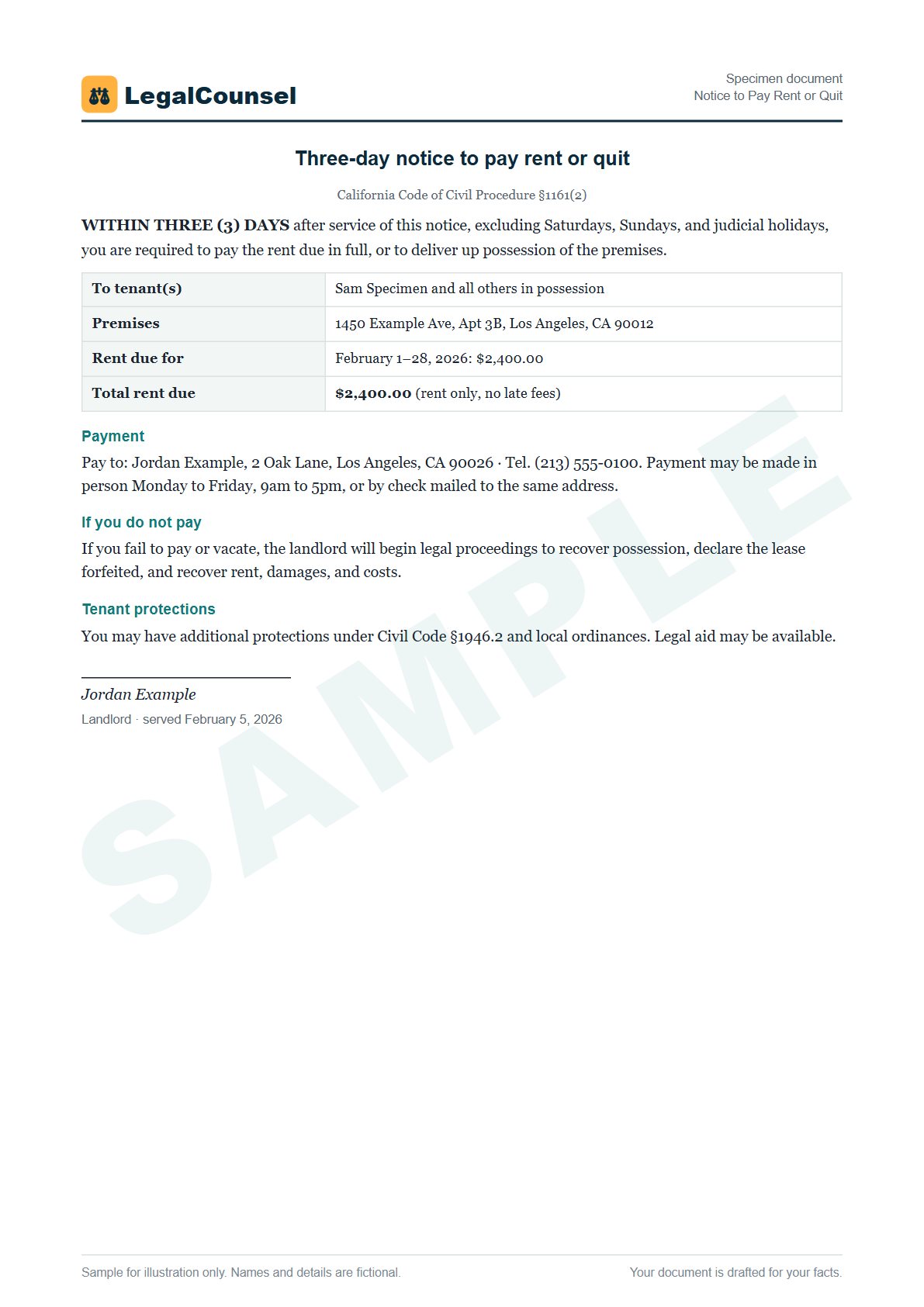 Sample Notice to Pay Rent or Quit prepared by our lawyers, with fictional names