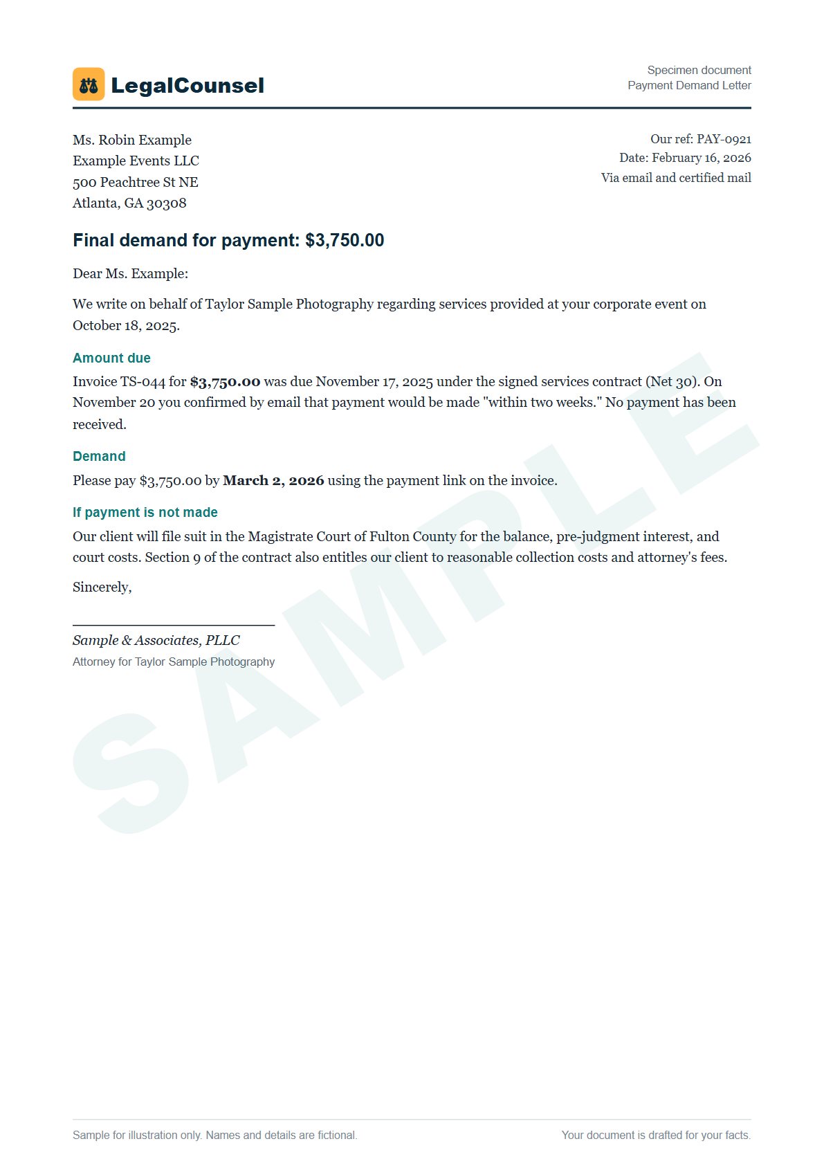 Sample Payment Demand Letter prepared by our lawyers, with fictional names