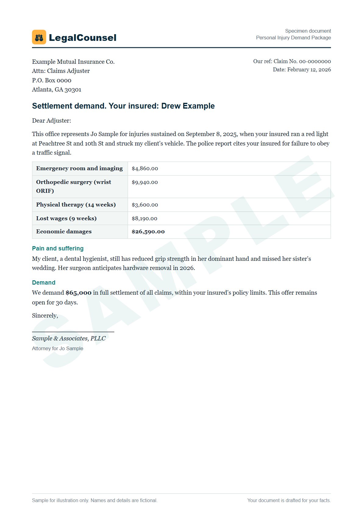 Sample Personal Injury Demand Package prepared by our lawyers, with fictional names