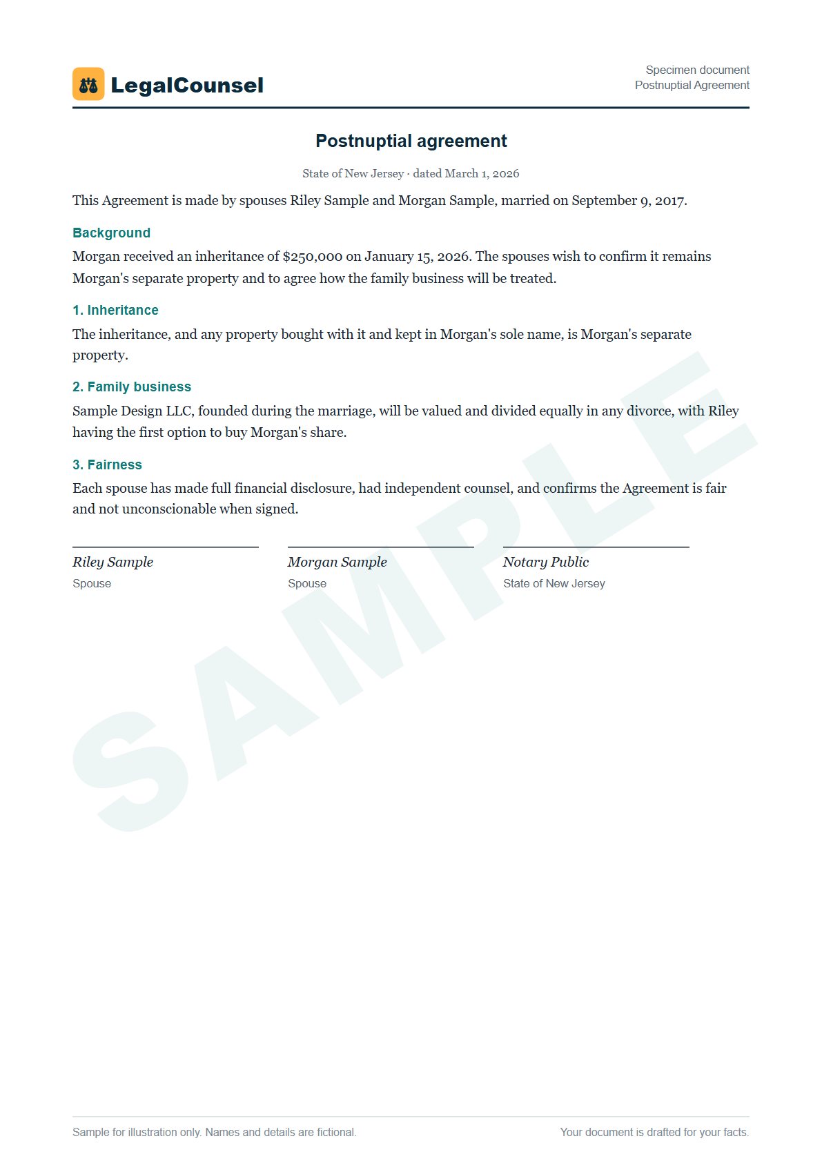 Sample Postnuptial Agreement prepared by our lawyers, with fictional names