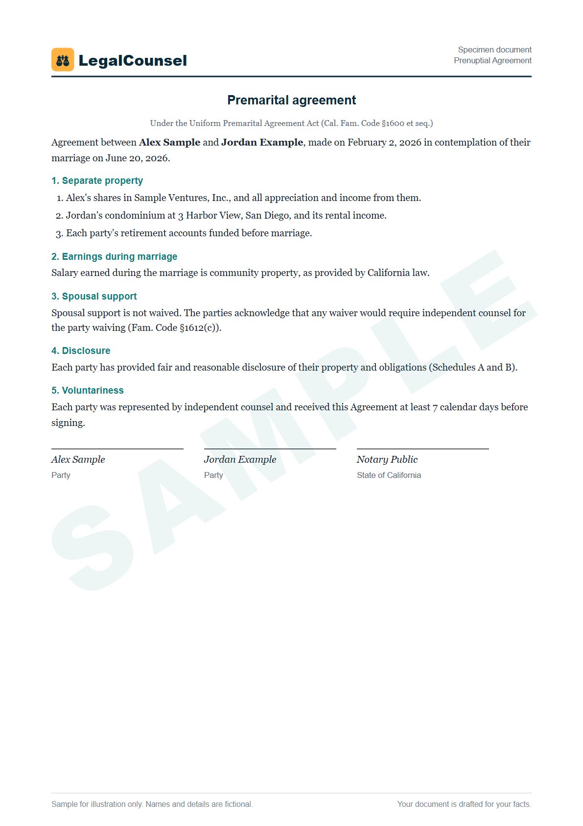 Sample Prenuptial Agreement prepared by our lawyers, with fictional names