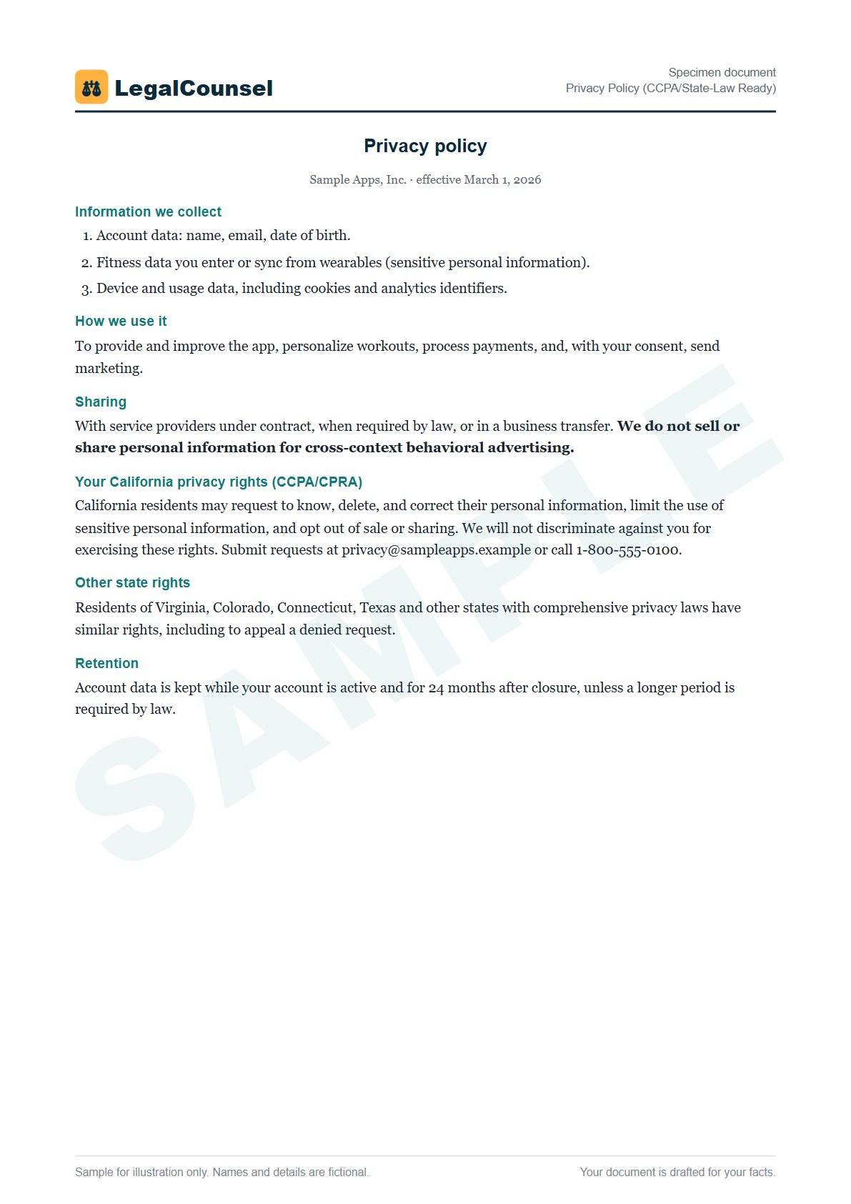 Sample Privacy Policy (CCPA/State-Law Ready) prepared by our lawyers, with fictional names