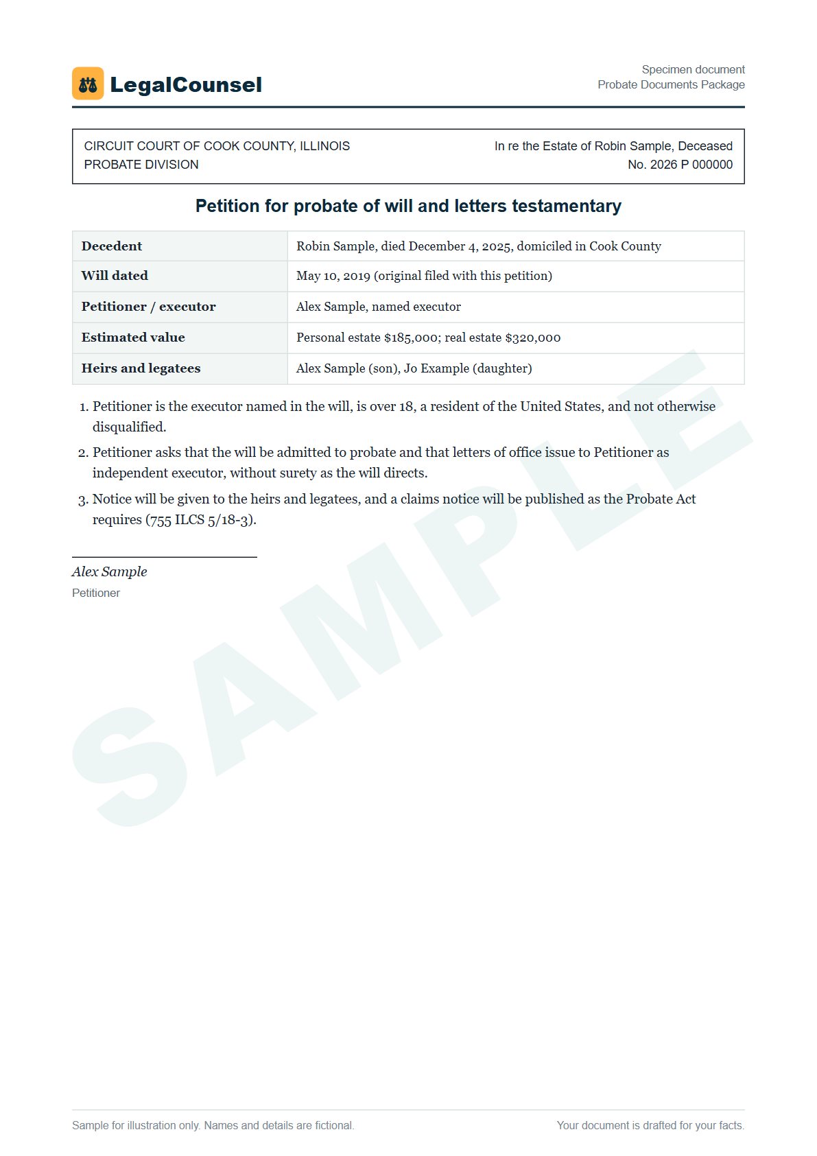 Sample Probate Documents Package prepared by our lawyers, with fictional names
