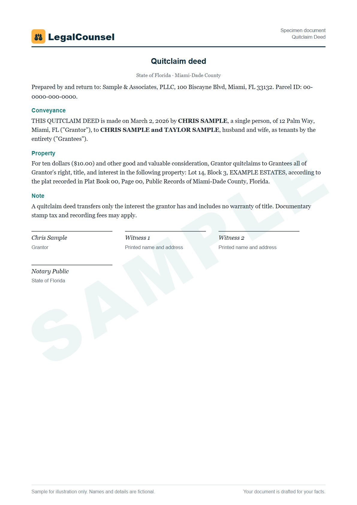 Sample Quitclaim Deed prepared by our lawyers, with fictional names
