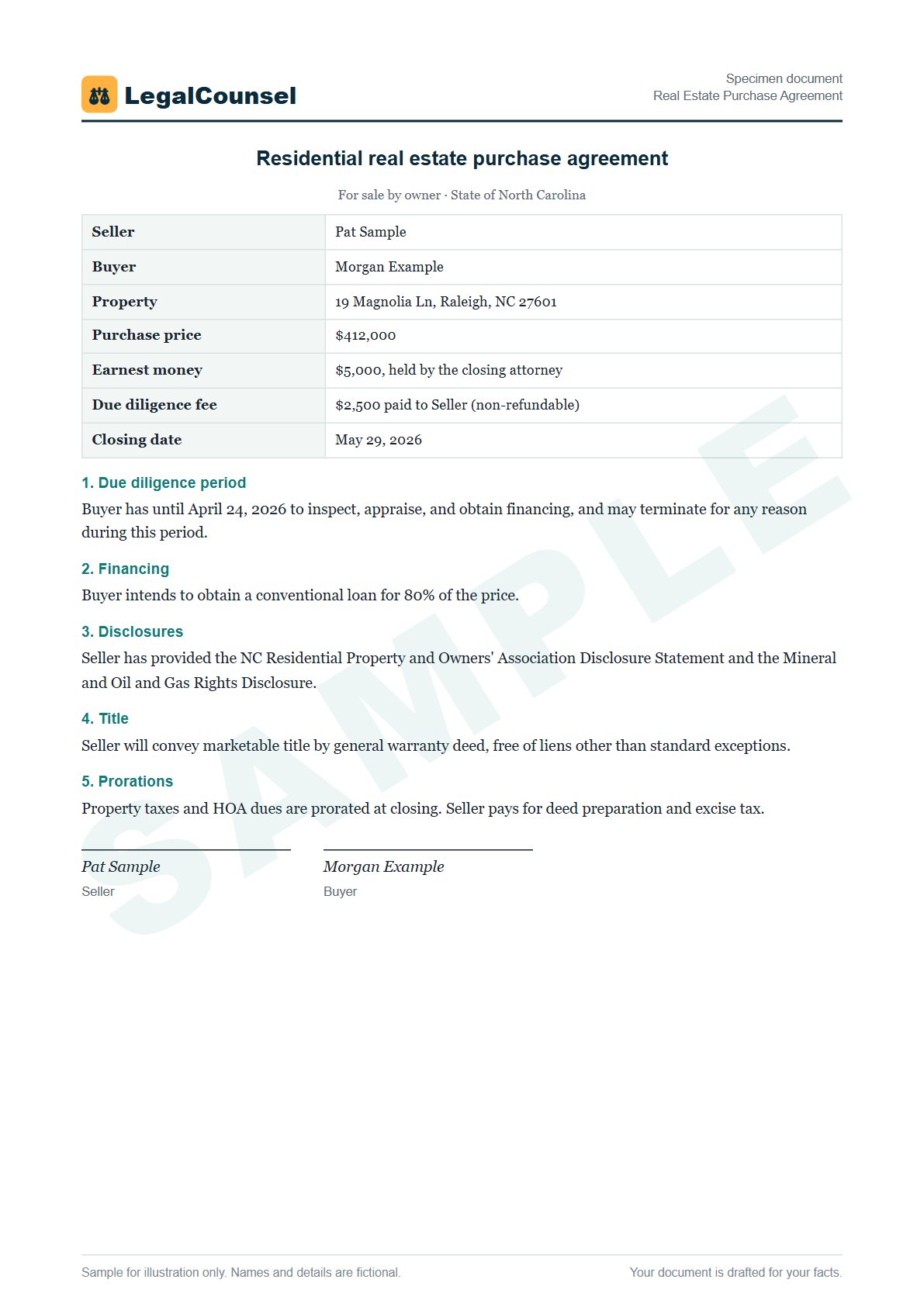Sample Real Estate Purchase Agreement prepared by our lawyers, with fictional names