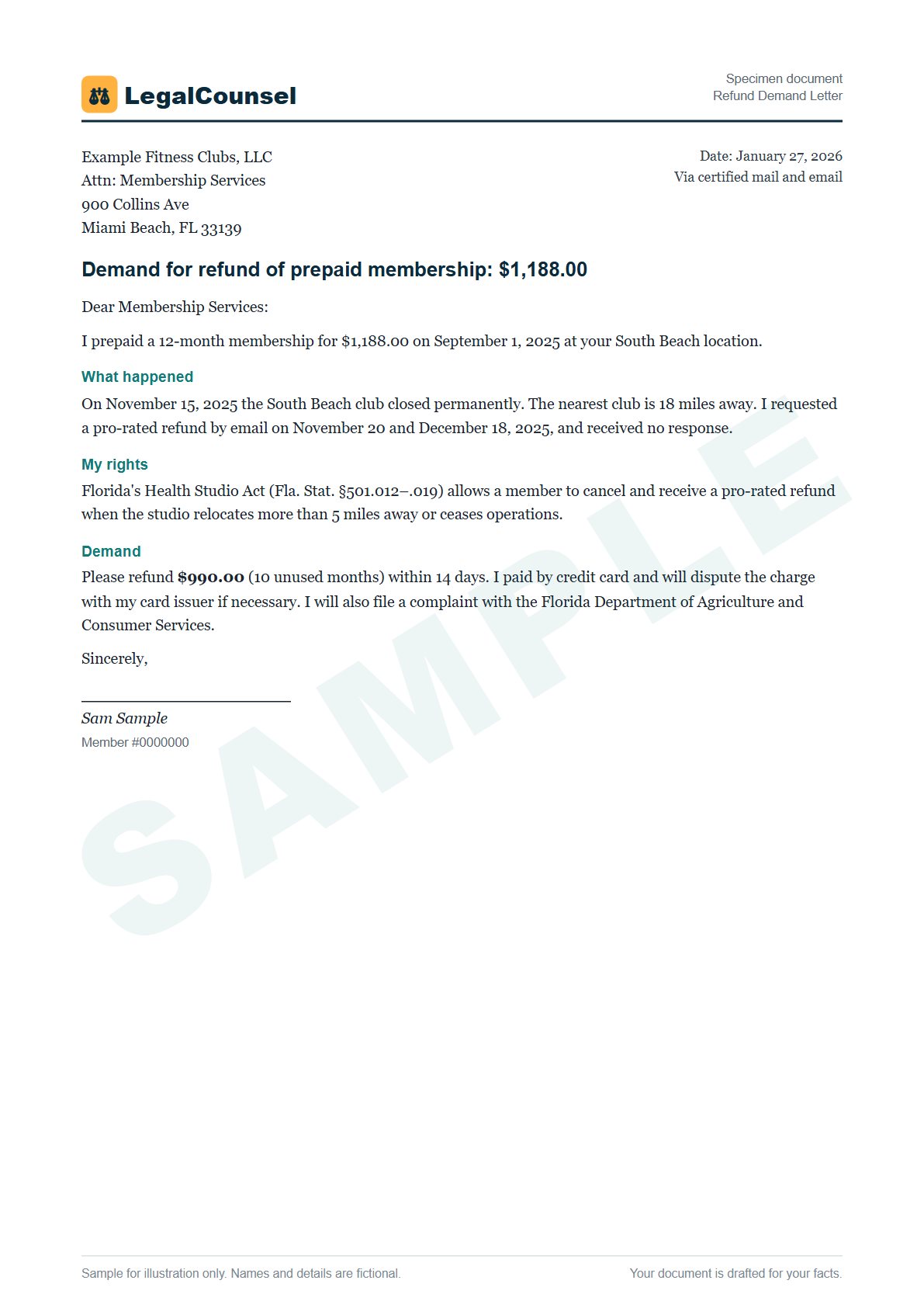 Sample Refund Demand Letter prepared by our lawyers, with fictional names