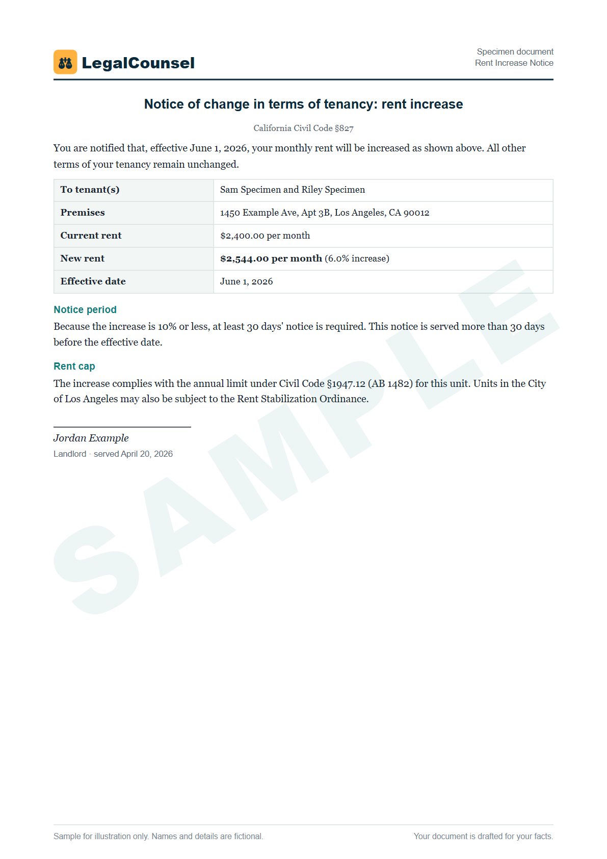 Sample Rent Increase Notice prepared by our lawyers, with fictional names