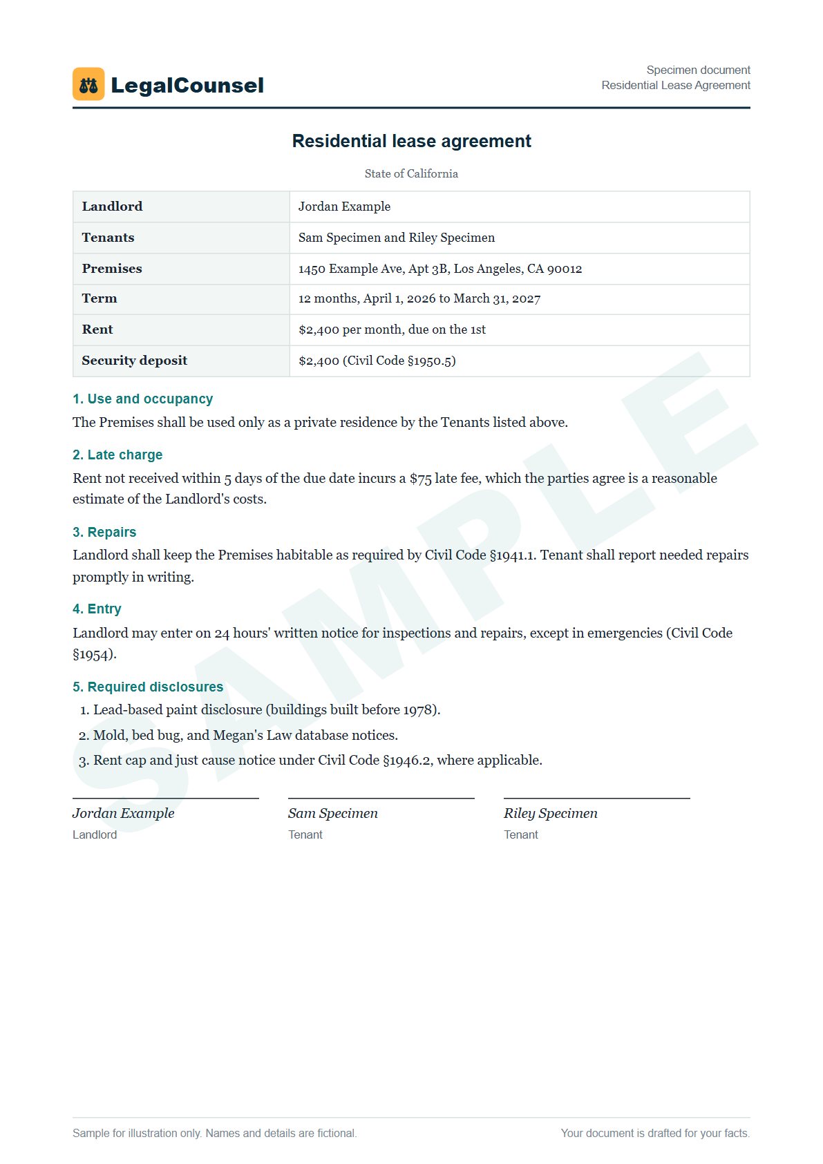 Sample Residential Lease Agreement prepared by our lawyers, with fictional names