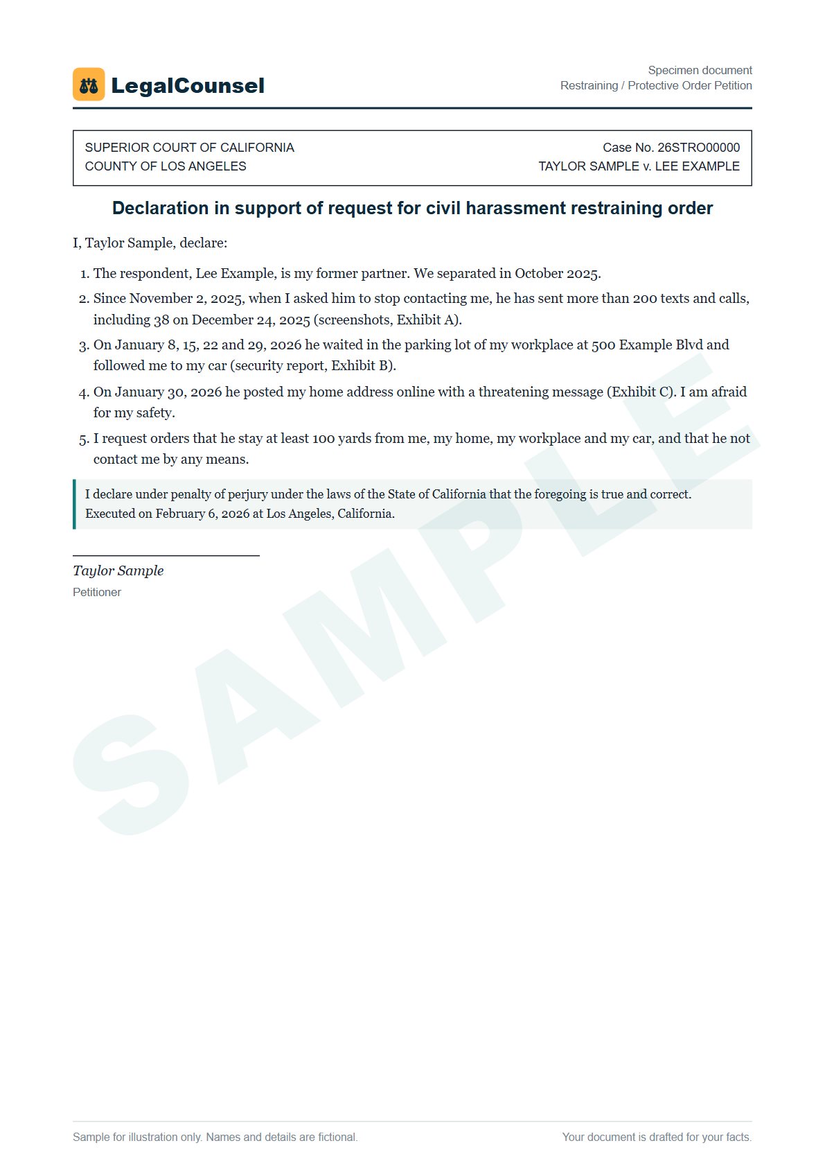 Sample Restraining / Protective Order Petition prepared by our lawyers, with fictional names