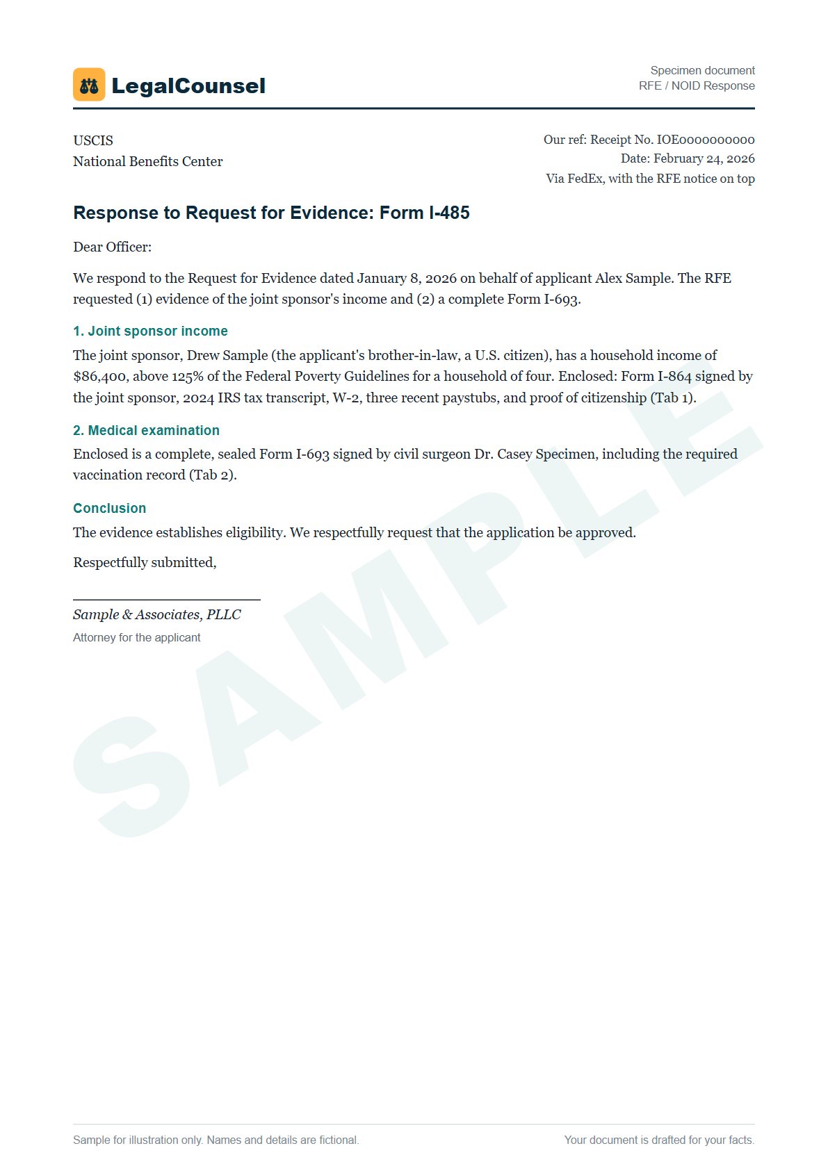 Sample RFE / NOID Response prepared by our lawyers, with fictional names