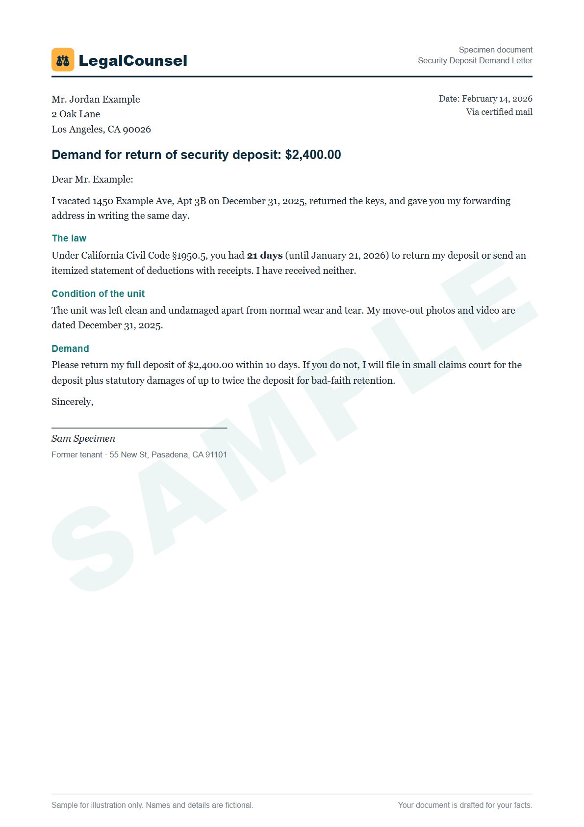 Sample Security Deposit Demand Letter prepared by our lawyers, with fictional names