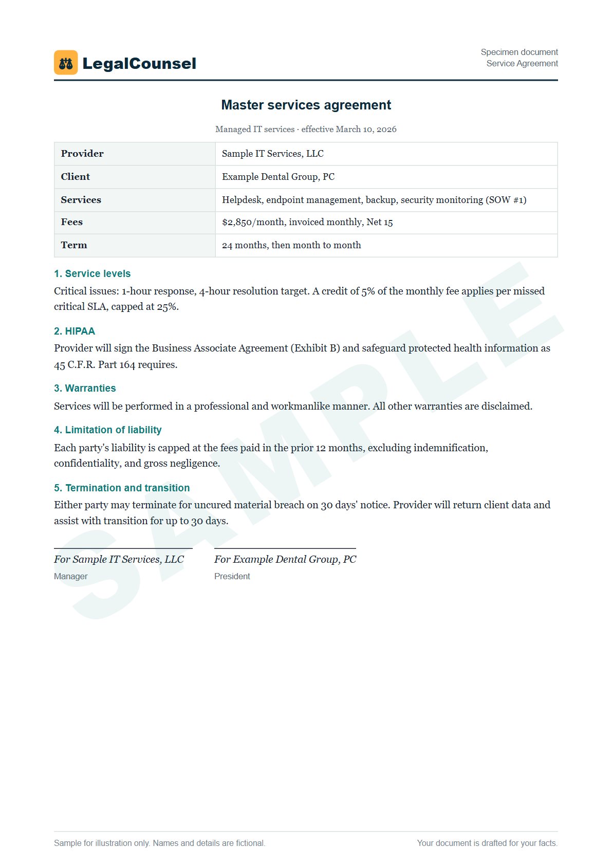 Sample Service Agreement prepared by our lawyers, with fictional names