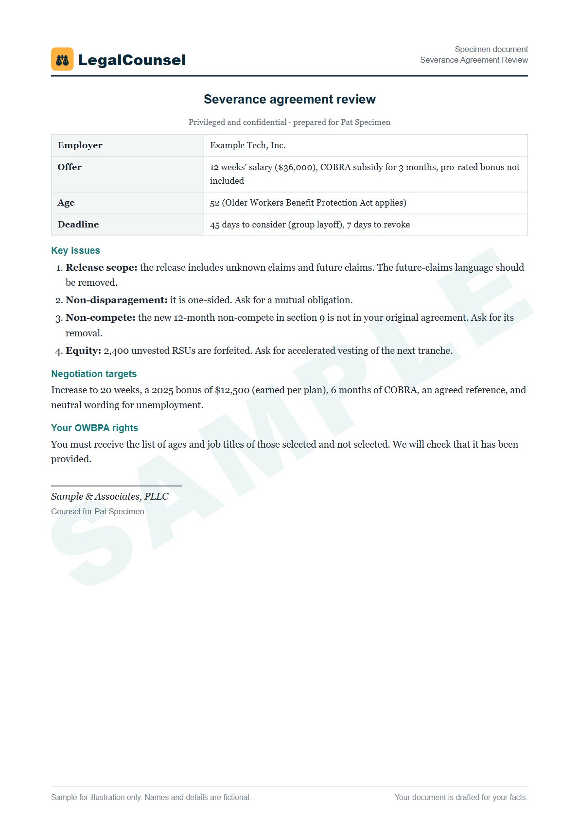 Sample Severance Agreement Review prepared by our lawyers, with fictional names