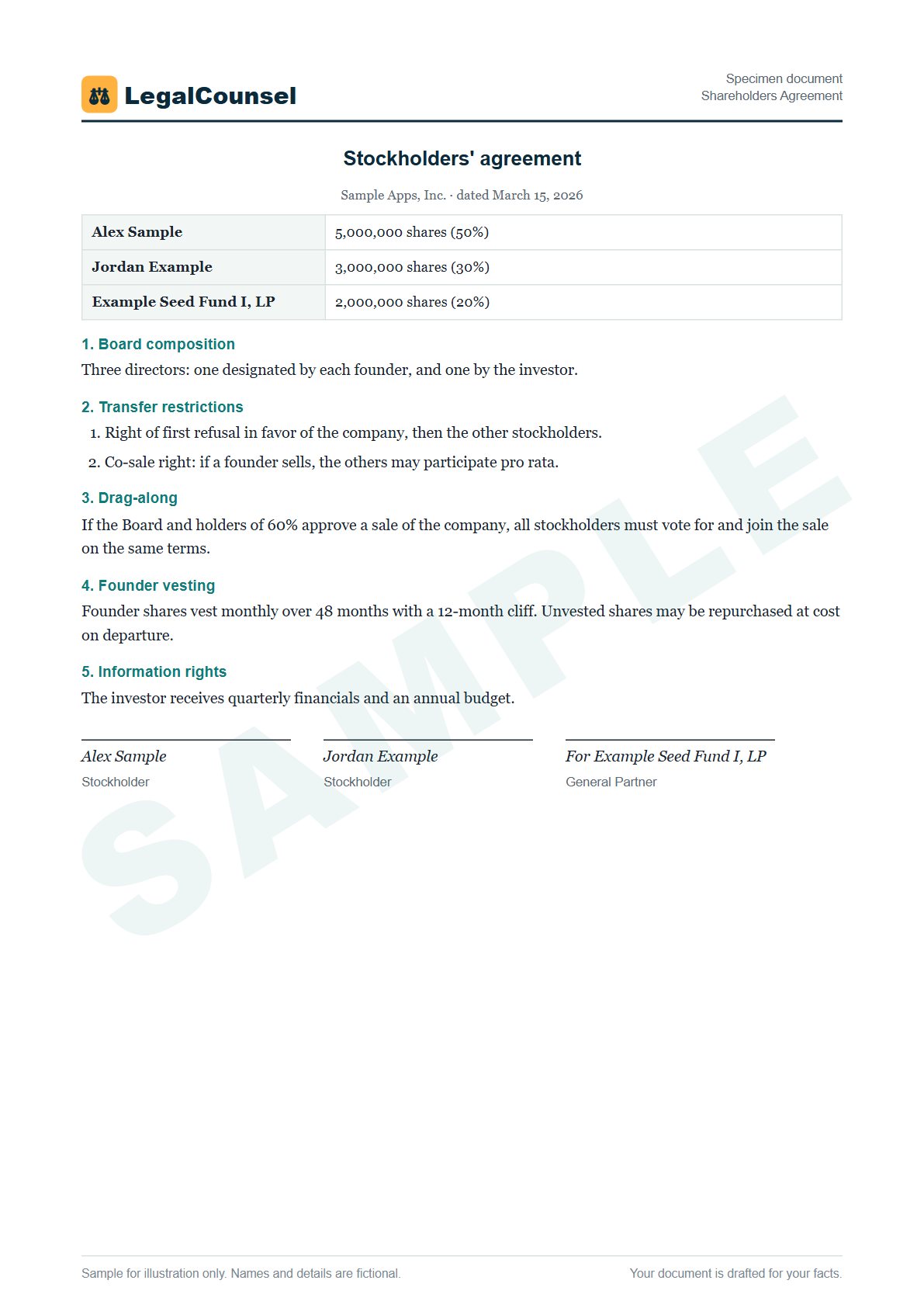 Sample Shareholders Agreement prepared by our lawyers, with fictional names