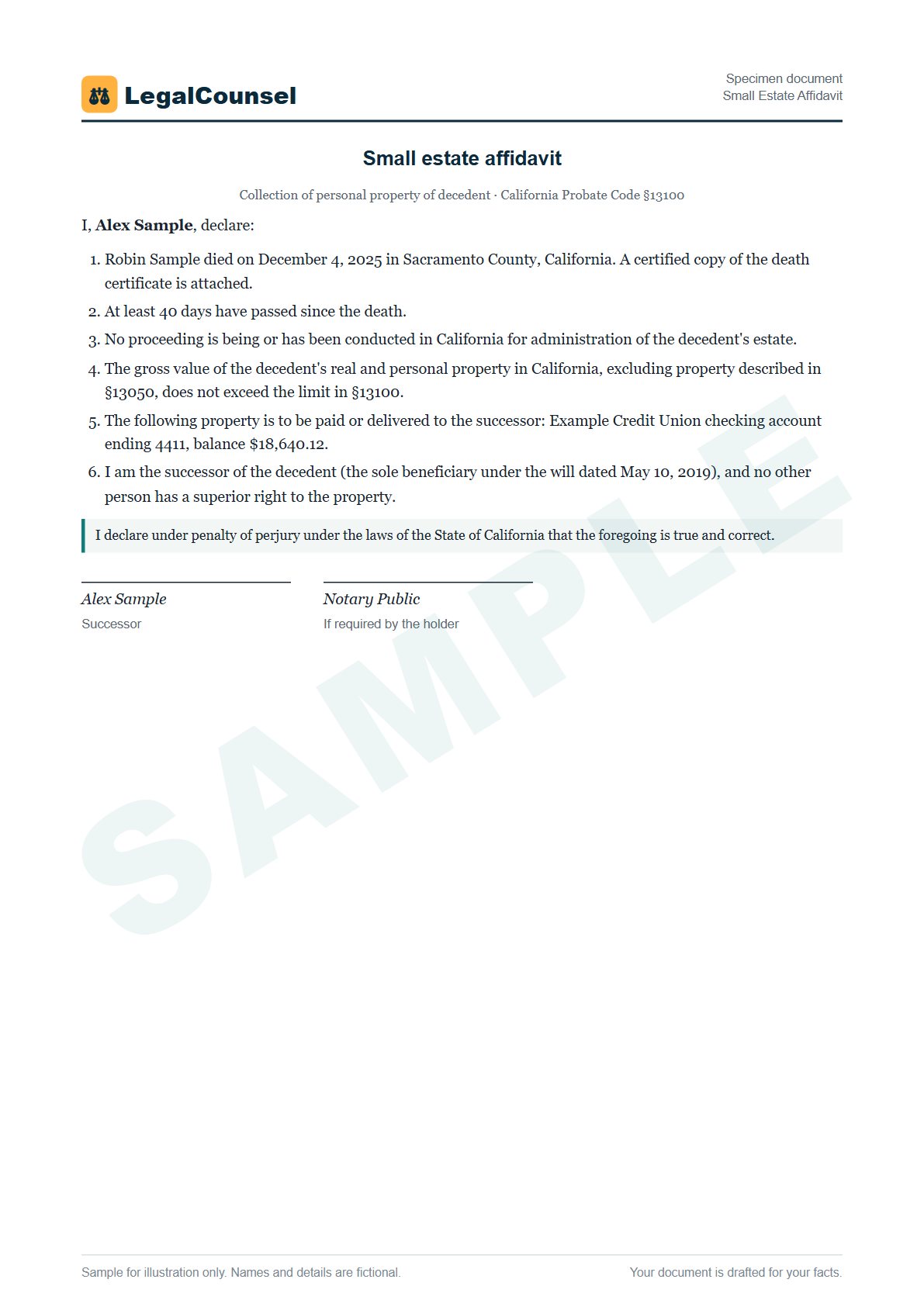 Sample Small Estate Affidavit prepared by our lawyers, with fictional names
