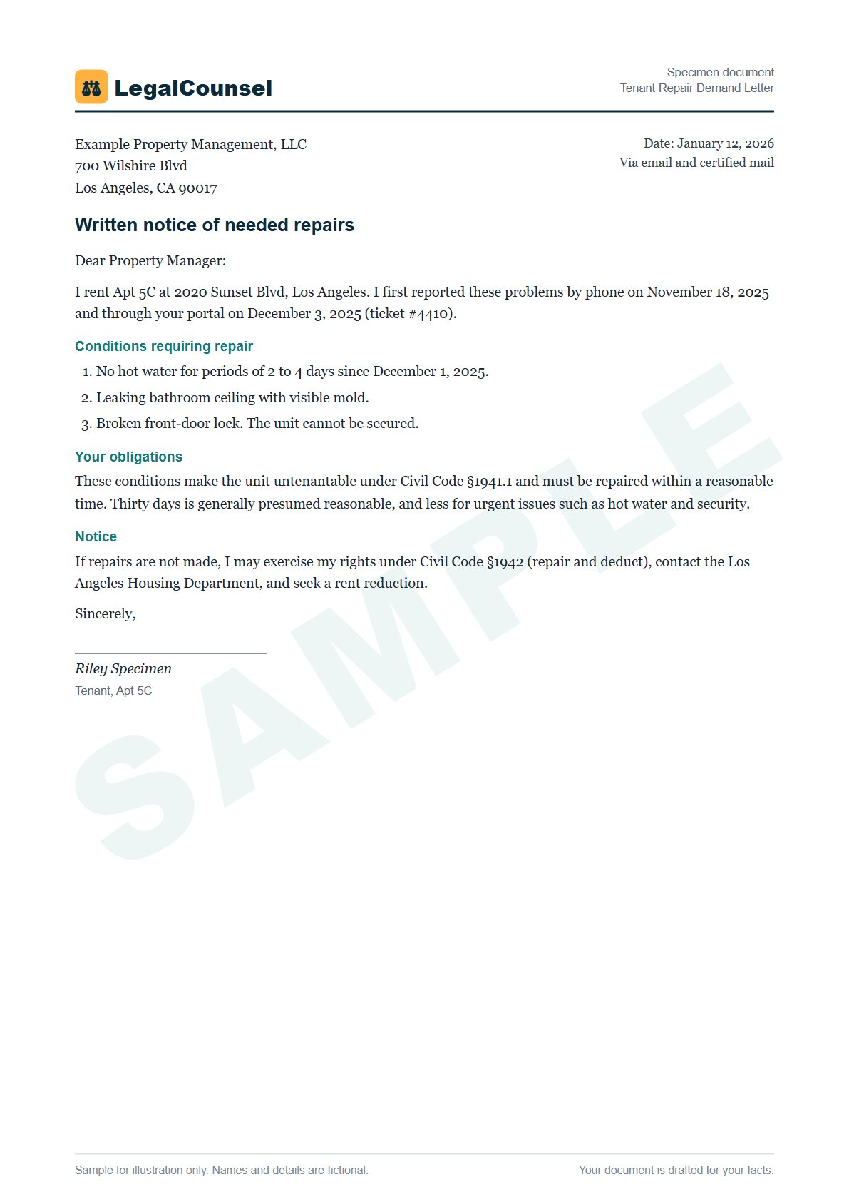 Sample Tenant Repair Demand Letter prepared by our lawyers, with fictional names