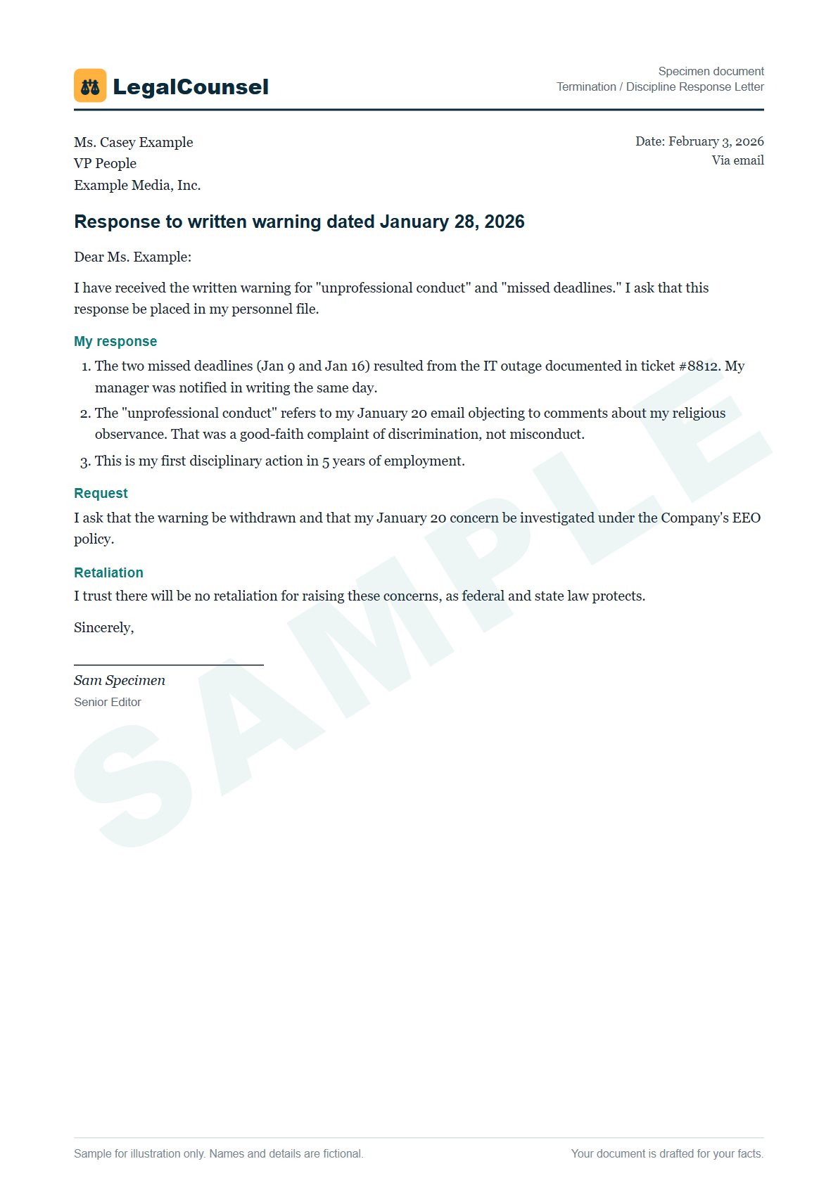 Sample Termination / Discipline Response Letter prepared by our lawyers, with fictional names