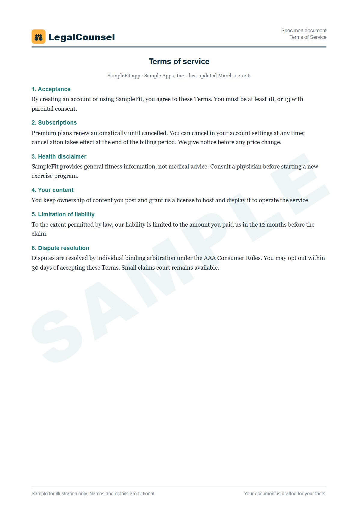 Sample Terms of Service prepared by our lawyers, with fictional names