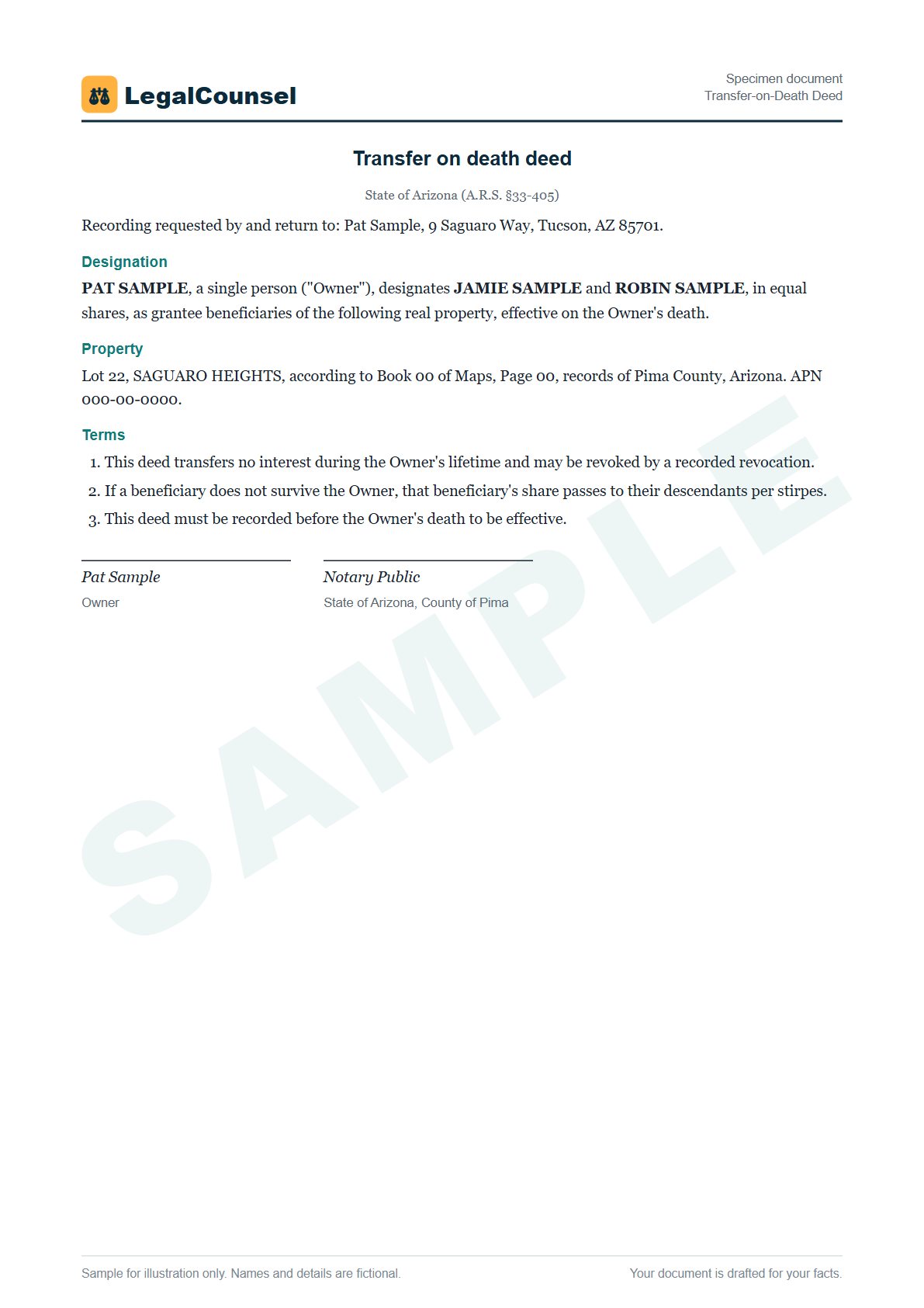 Sample Transfer-on-Death Deed prepared by our lawyers, with fictional names