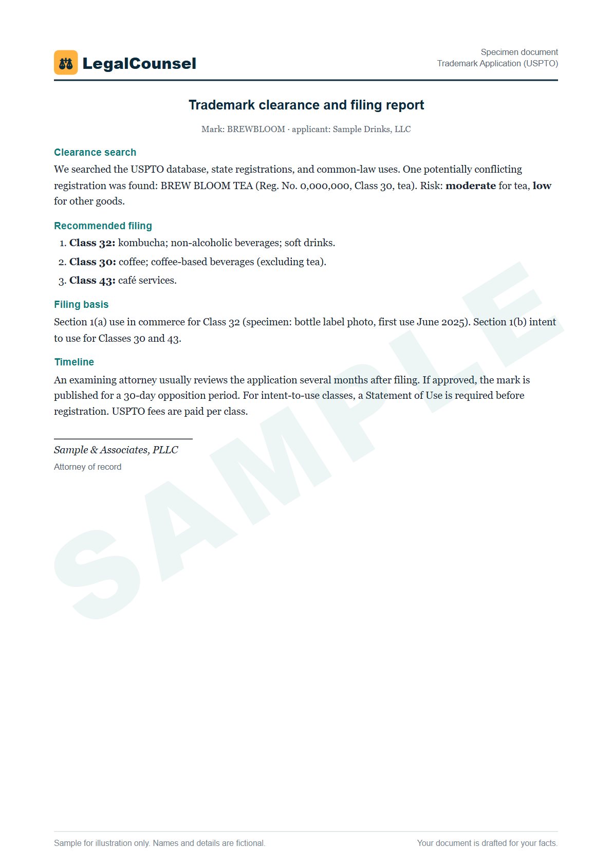 Sample Trademark Application (USPTO) prepared by our lawyers, with fictional names