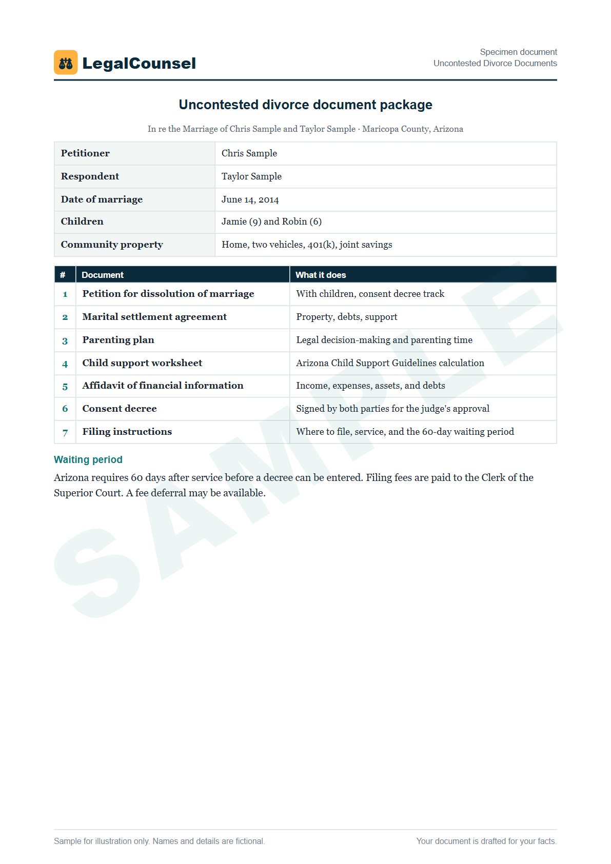 Sample Uncontested Divorce Documents prepared by our lawyers, with fictional names